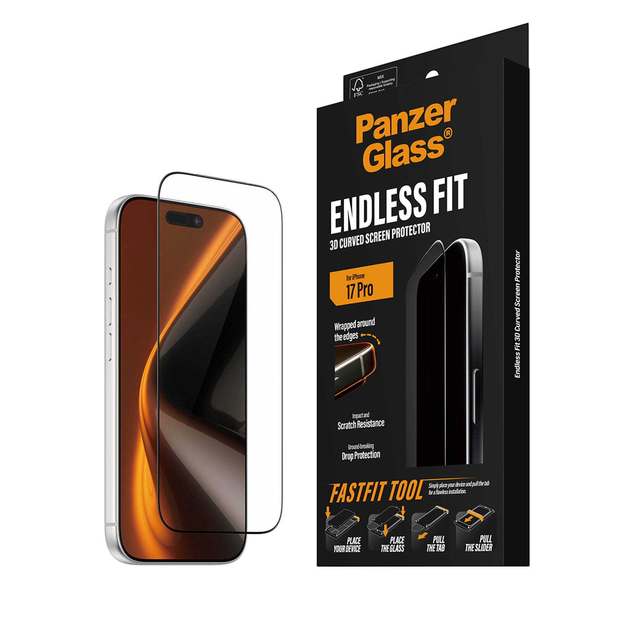 PanzerGlass® Endless Fit 3D Curve Screen Protector iPhone 18 Pro | 17 Pro w. FastFit Tool