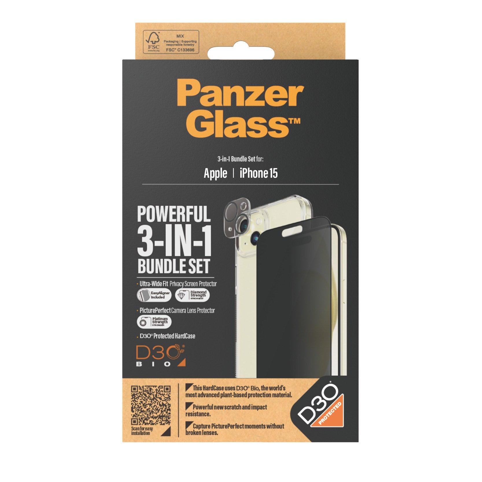 PanzerGlass® Privacy 3-in-1 Pack iPhone 15