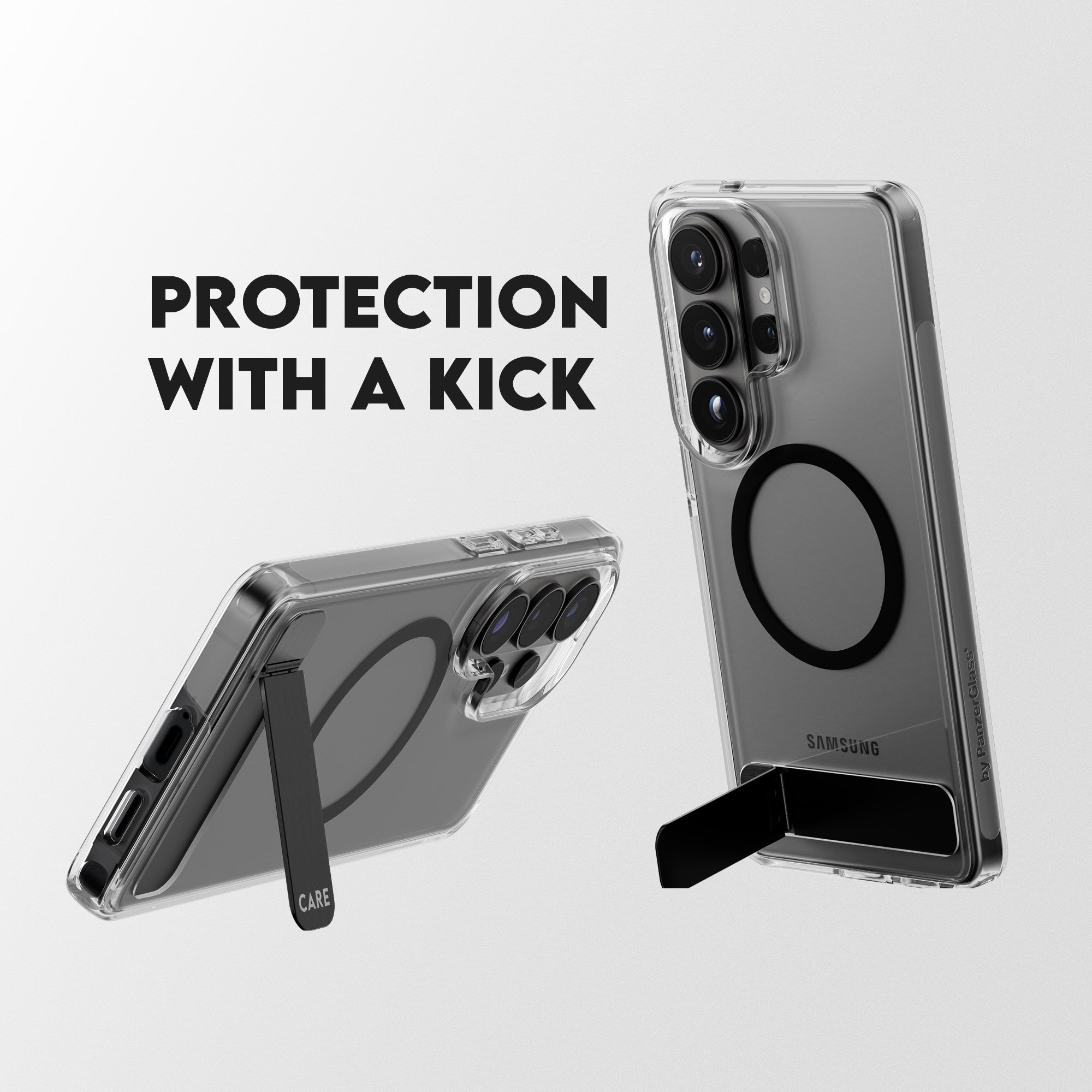 CARE™ by PanzerGlass® Urban Explorer Case Transparent w. Black Kickstand & Qi Samsung Galaxy S26 Ultra