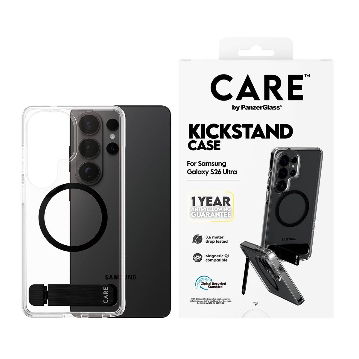 CARE™ by PanzerGlass® Urban Explorer Case Transparent w. Black Kickstand & Qi Samsung Galaxy S26 Ultra