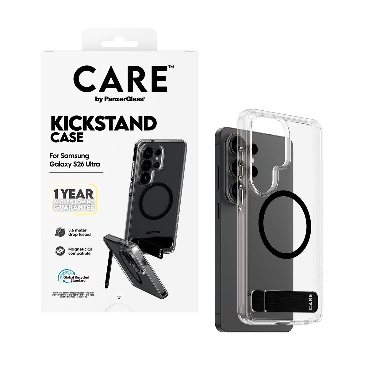 CARE™ by PanzerGlass® Urban Explorer Case Transparent w. Black Kickstand & Qi Samsung Galaxy S26 Ultra