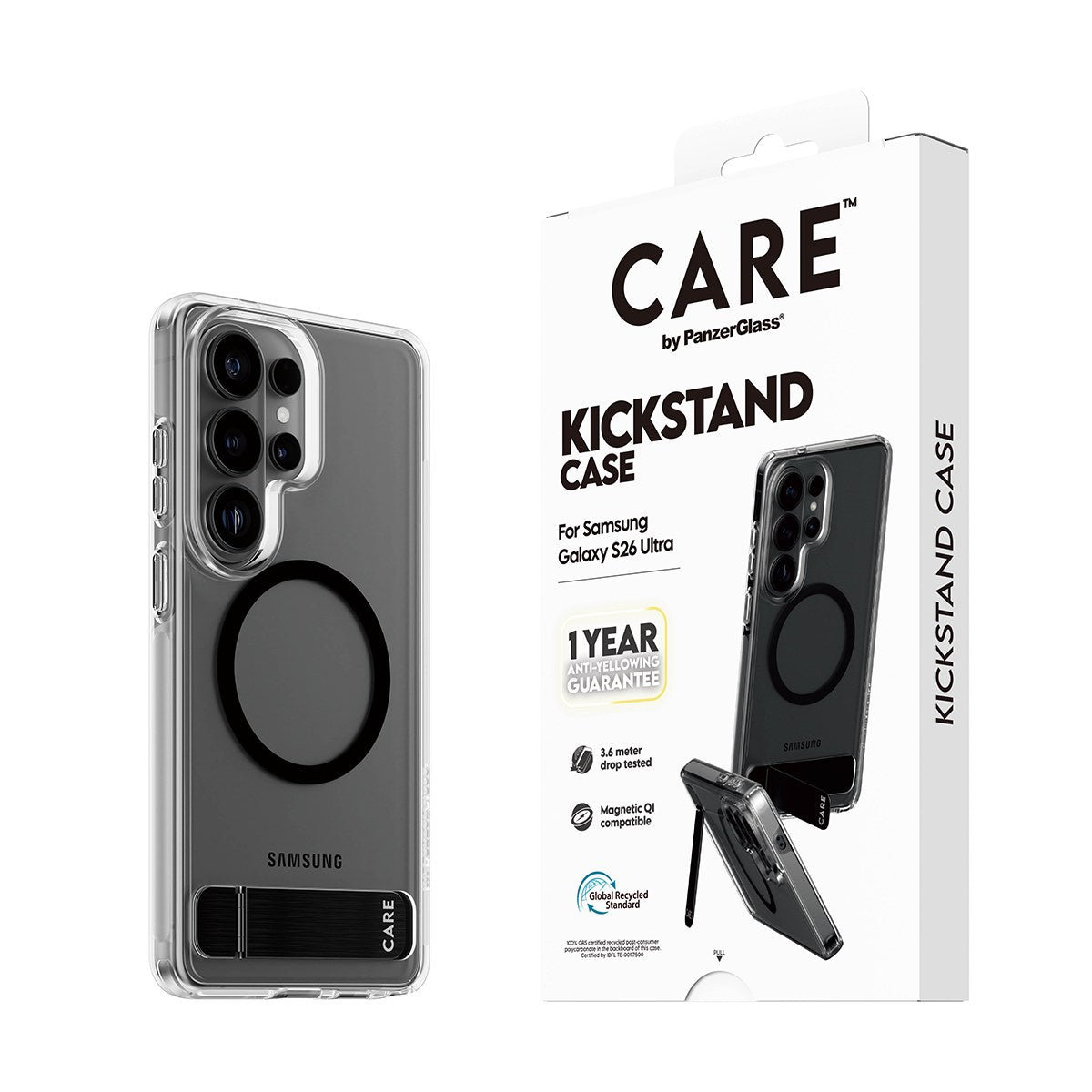 CARE™ by PanzerGlass® Urban Explorer Case Transparent w. Black Kickstand & Qi Samsung Galaxy S26 Ultra