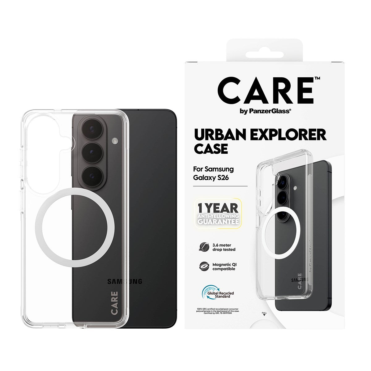 CARE™ by PanzerGlass® Urban Explorer Case Transparent w. White Qi Samsung Galaxy S26