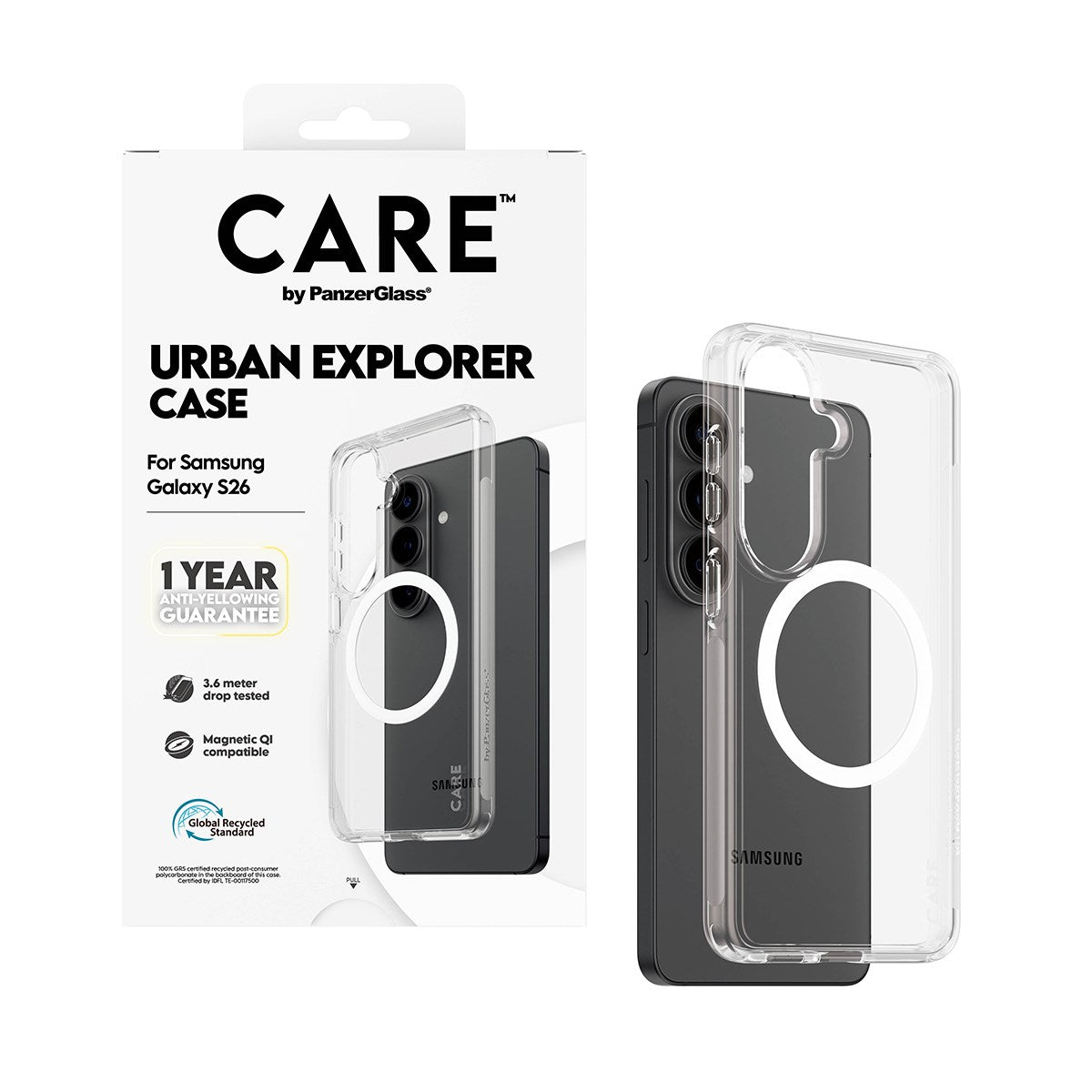 CARE™ by PanzerGlass® Urban Explorer Case Transparent w. White Qi Samsung Galaxy S26