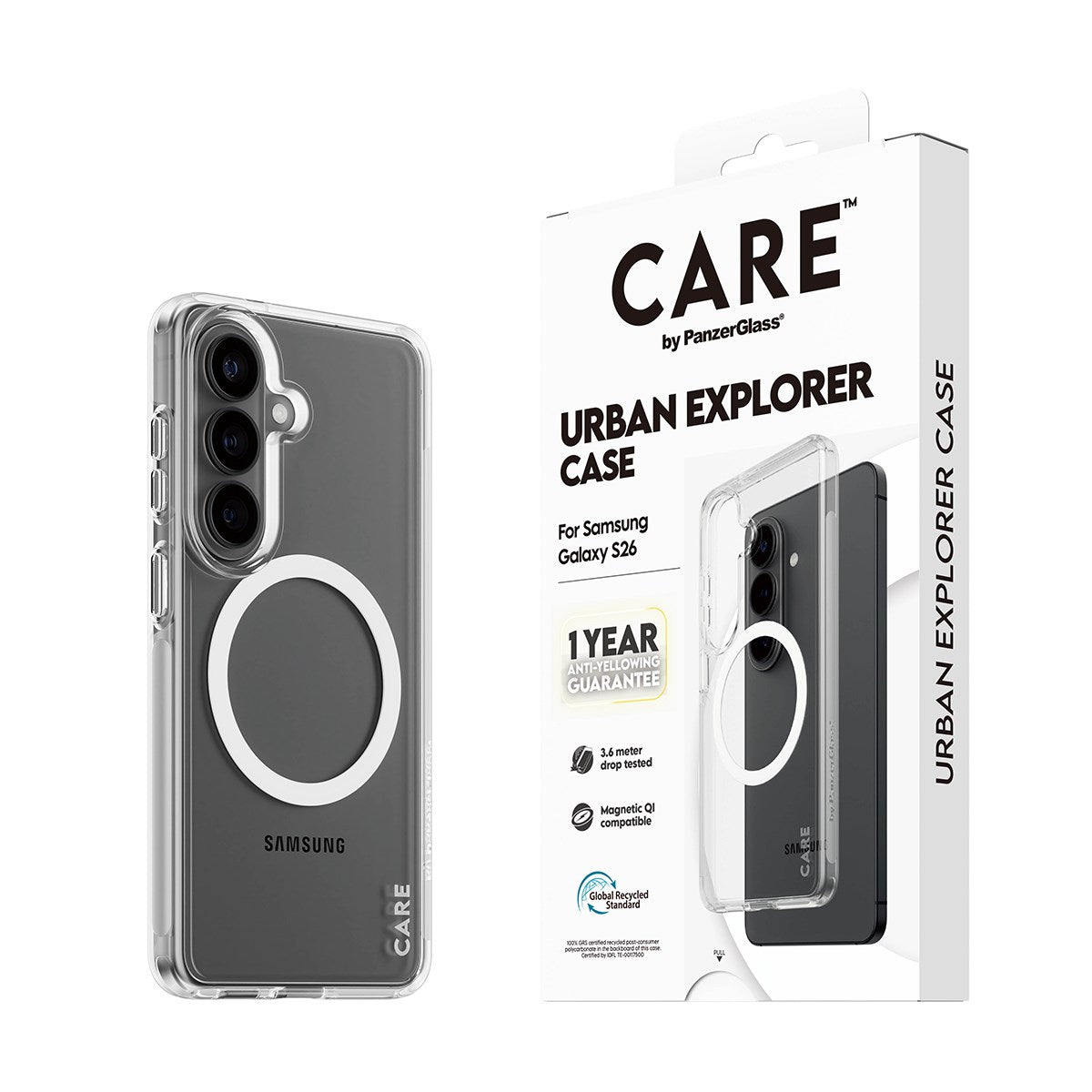 CARE™ by PanzerGlass® Urban Explorer Case Transparent w. White Qi Samsung Galaxy S26