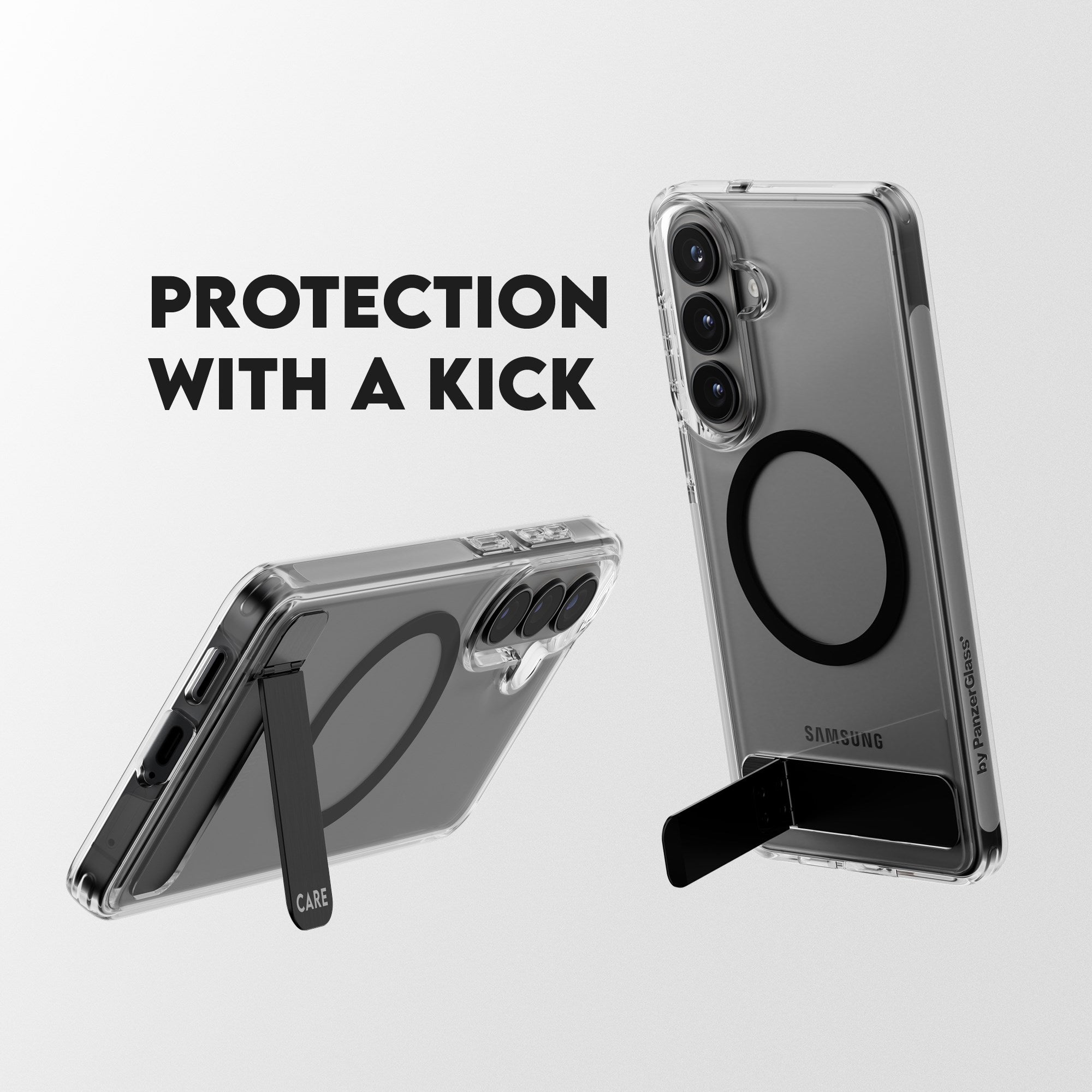 CARE™ by PanzerGlass® Urban Explorer Case Transparent w. Black Kickstand & Qi Samsung Galaxy S26