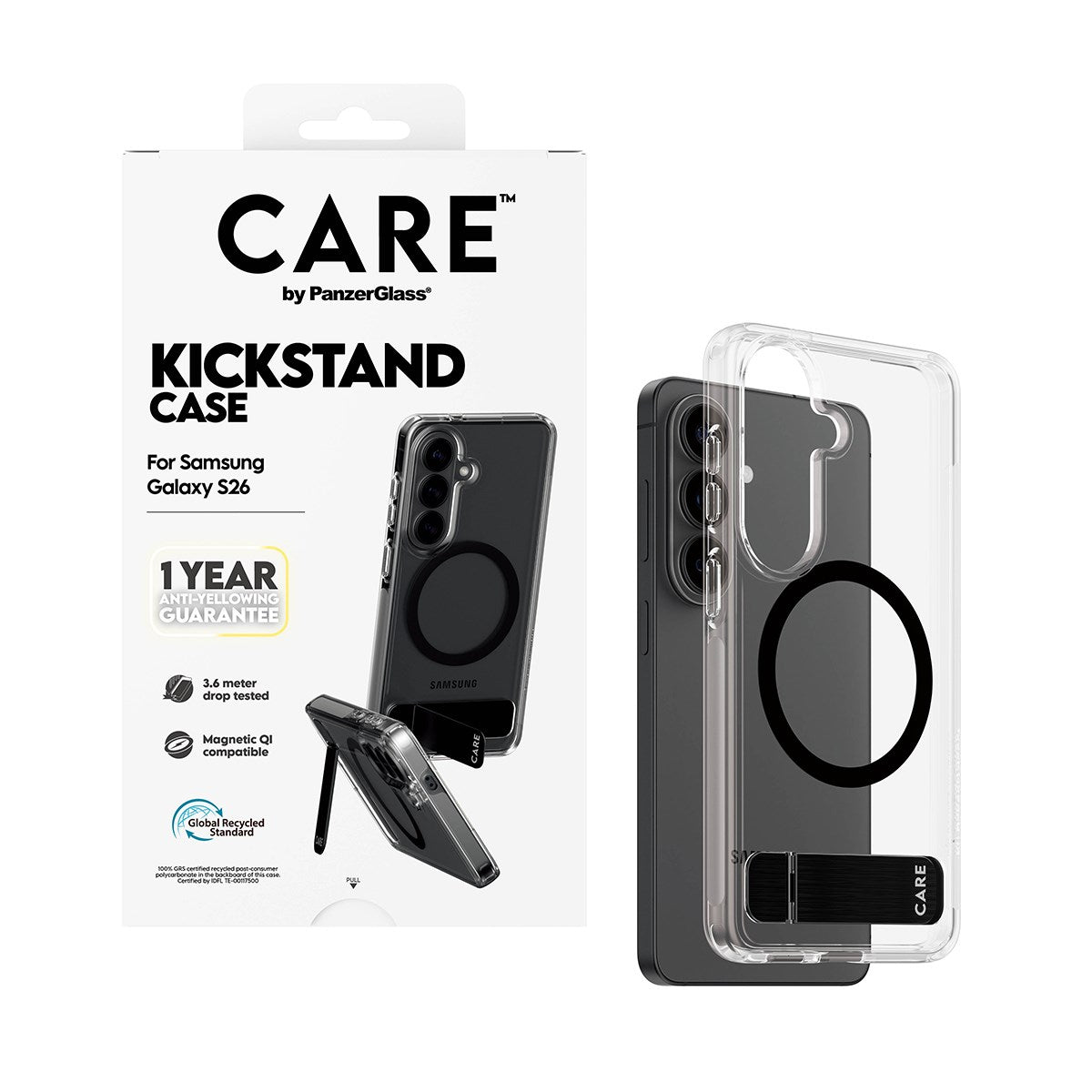 CARE™ by PanzerGlass® Urban Explorer Case Transparent w. Black Kickstand & Qi Samsung Galaxy S26