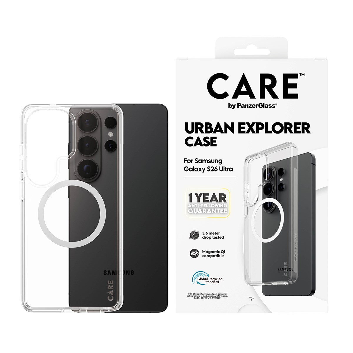 CARE™ by PanzerGlass® Urban Explorer Case Transparent w. White Qi Samsung Galaxy S26 Ultra