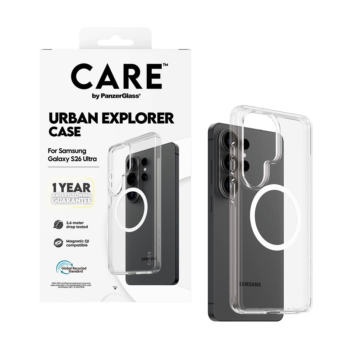 CARE™ by PanzerGlass® Urban Explorer Case Transparent w. White Qi Samsung Galaxy S26 Ultra