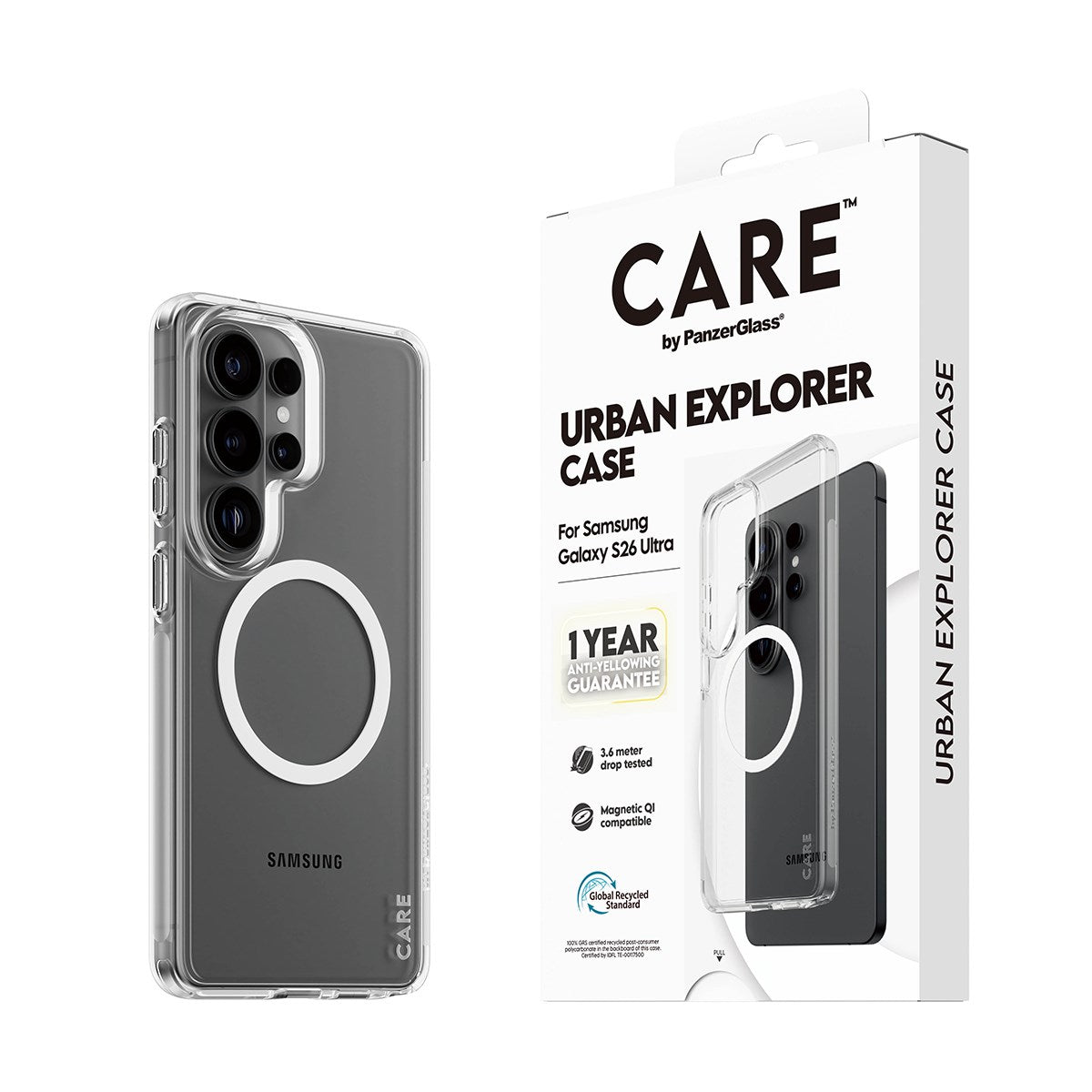 CARE™ by PanzerGlass® Urban Explorer Case Transparent w. White Qi Samsung Galaxy S26 Ultra