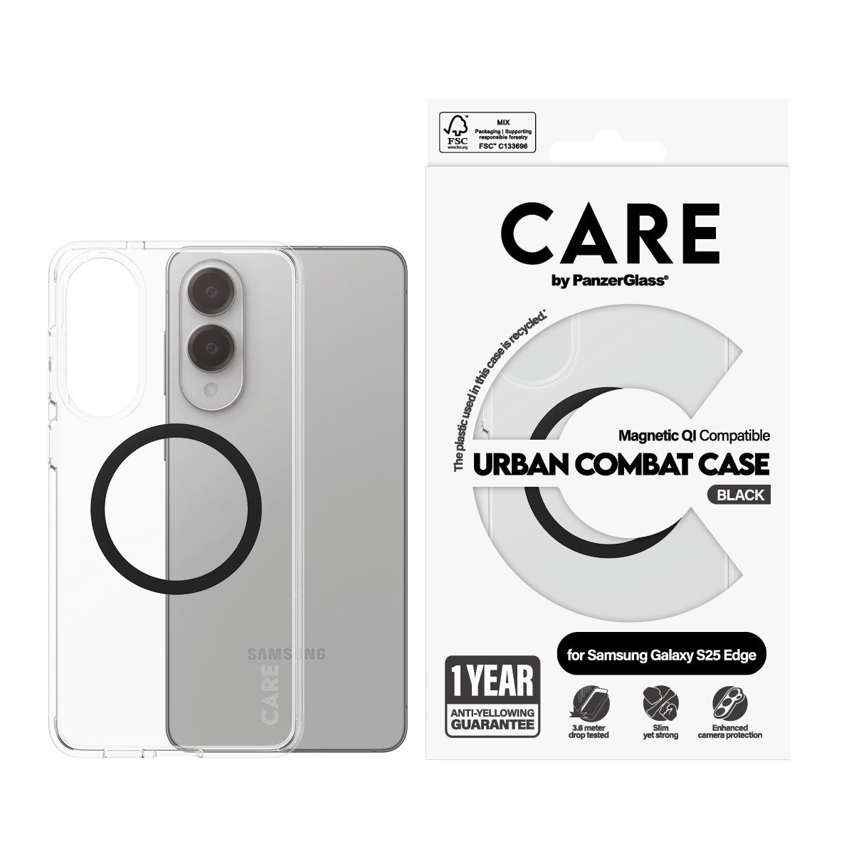 CARE by PanzerGlass® Urban Combat Case Transparent w. Black Qi Compatible Samsung S25 Edge