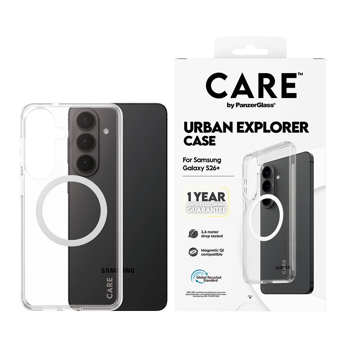 CARE™ by PanzerGlass® Urban Explorer Case Transparent w. White Qi Samsung Galaxy S26+