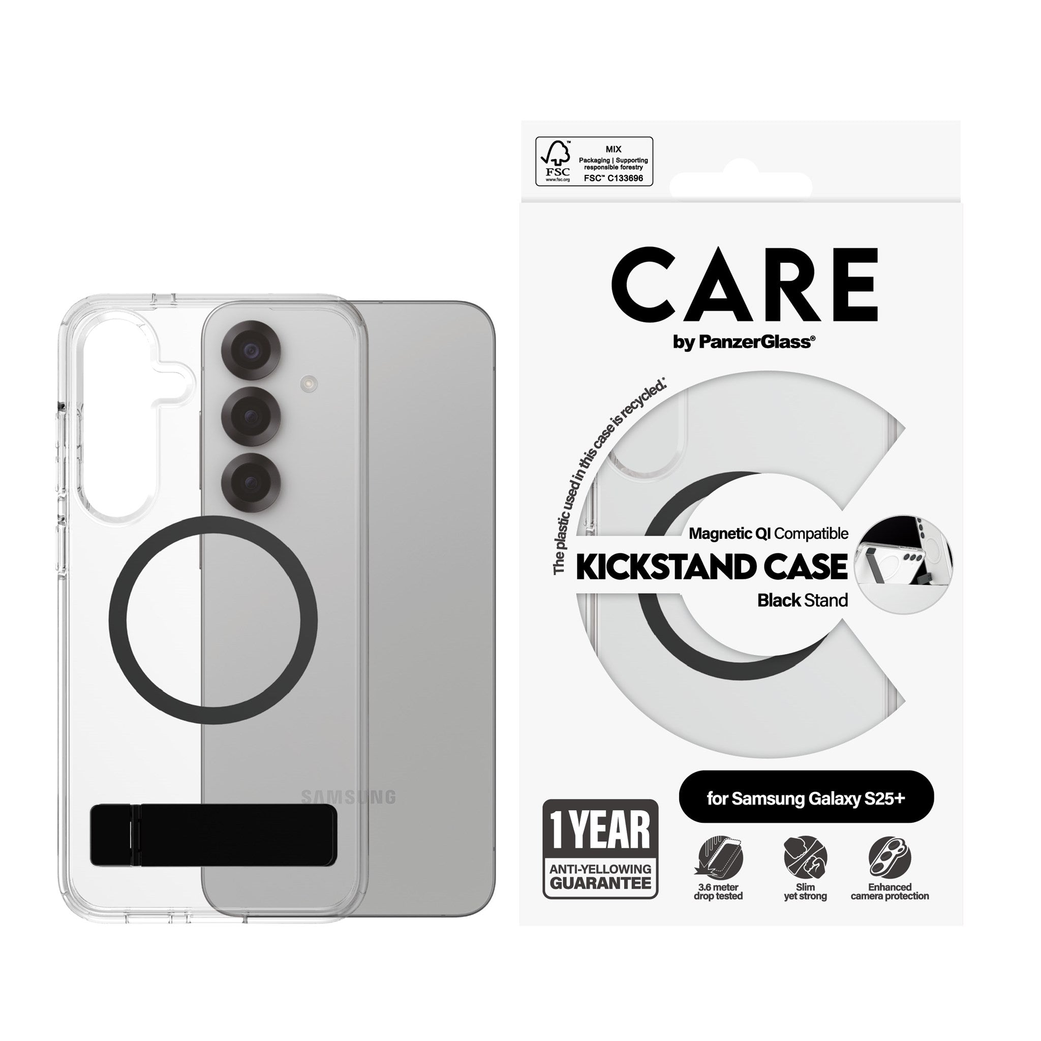CARE by PanzerGlass® Case Transparent w. Black Kickstand & Qi Compatible Samsung Galaxy S25+