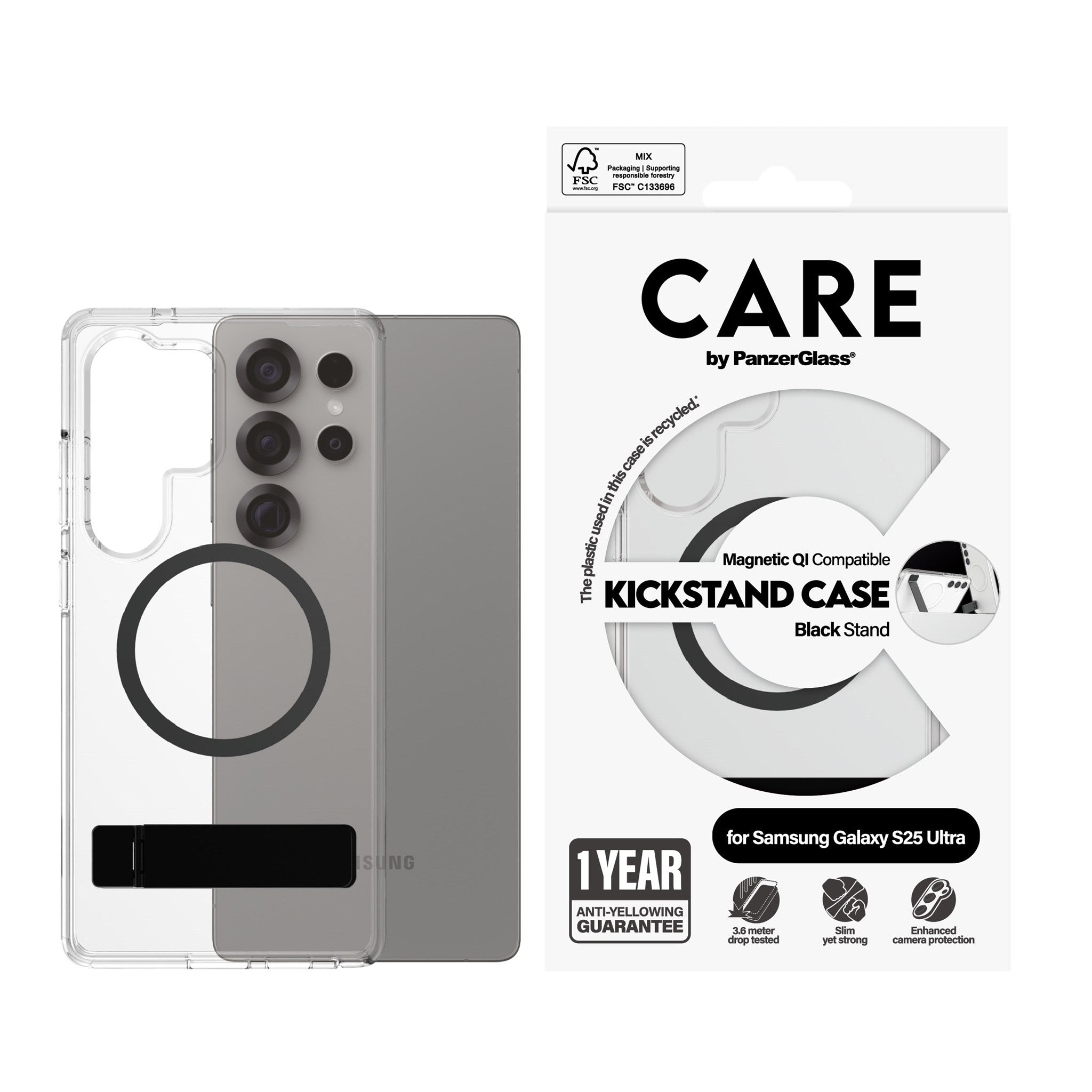 CARE by PanzerGlass® Case Transparent w. Black Kickstand & Qi Compatible Samsung Galaxy S25 Ultra