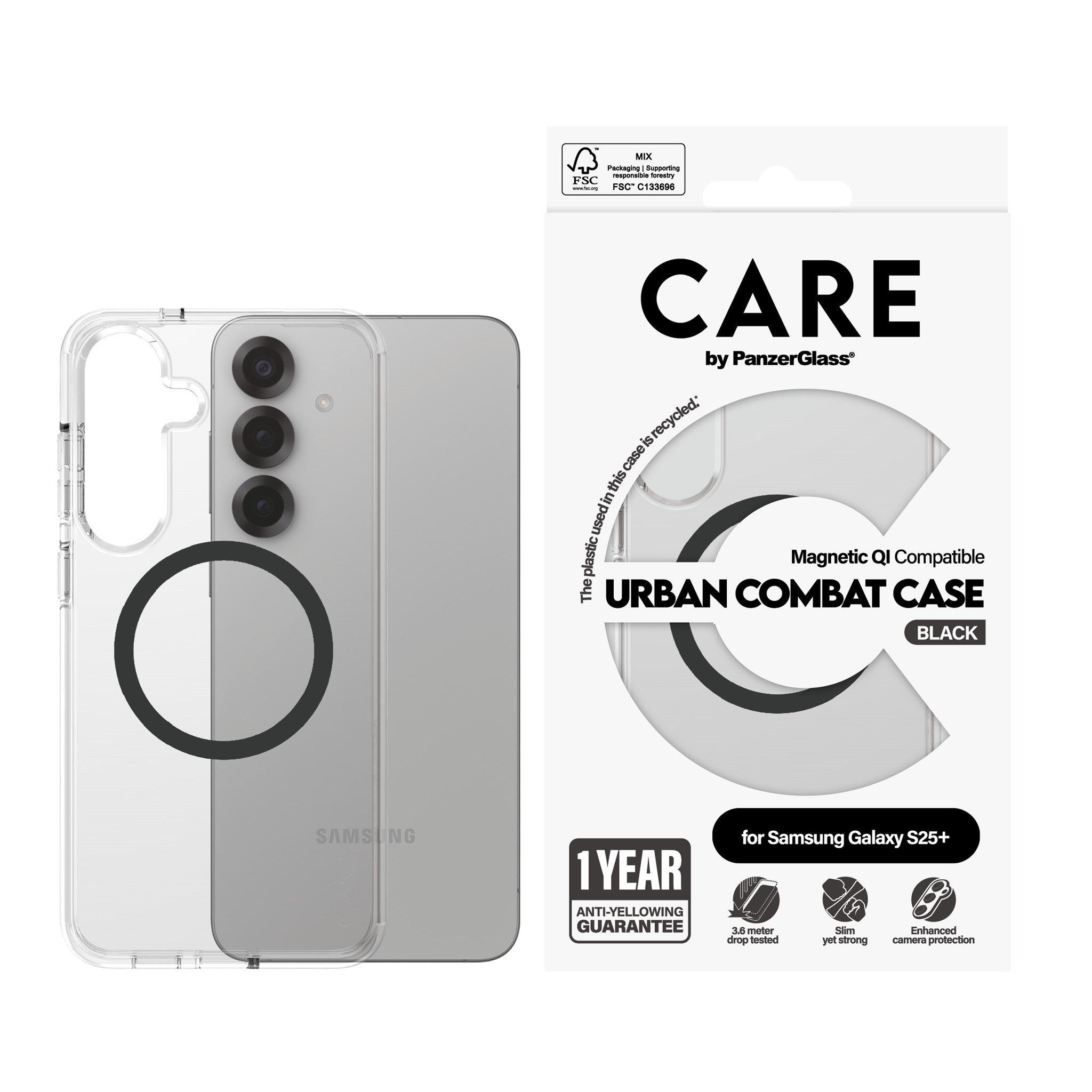 CARE by PanzerGlass® Urban Combat Case Transparent w. Black Qi Compatible Samsung Galaxy S25+