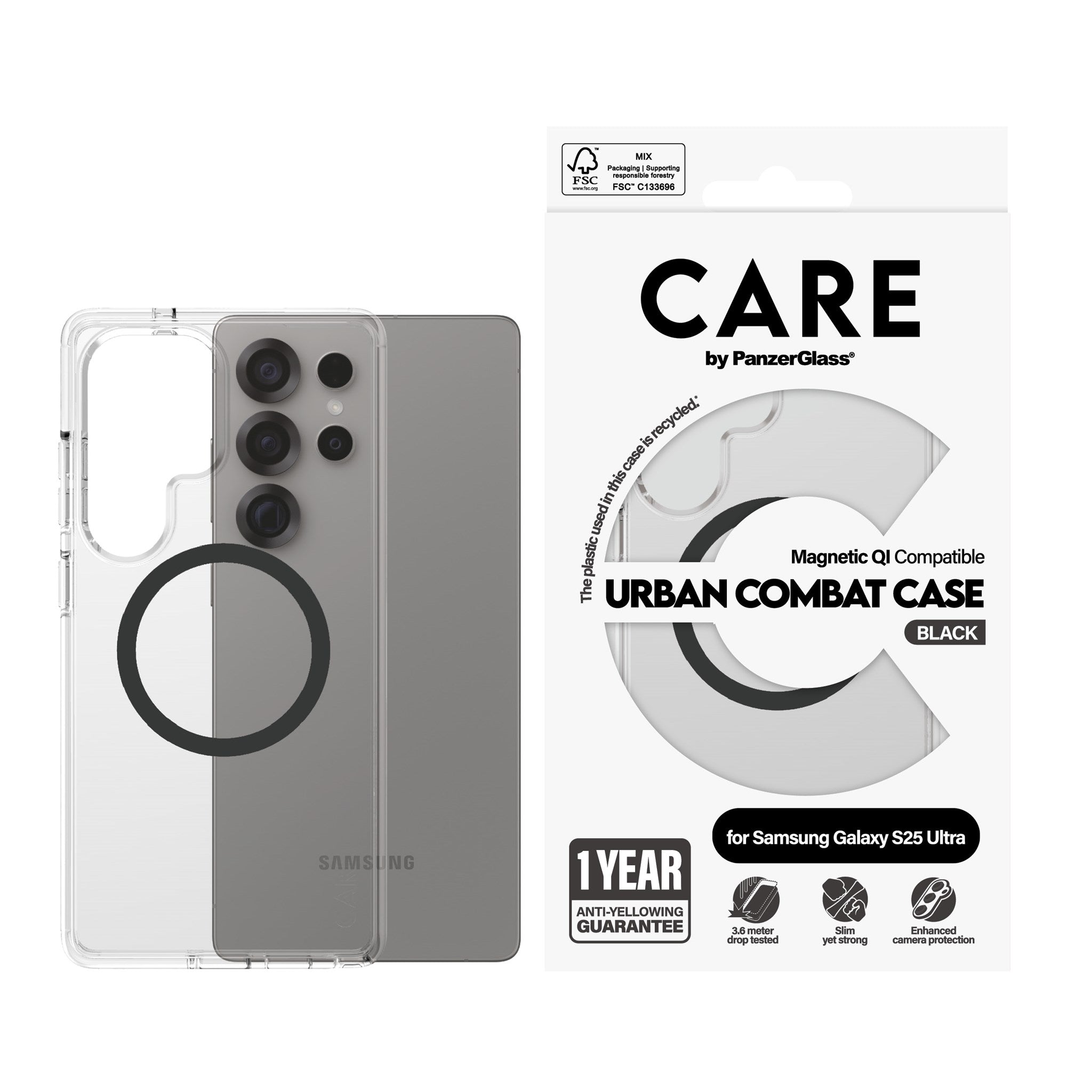 CARE by PanzerGlass® Urban Combat Case Transparent w. Black Qi Compatible Samsung Galaxy S25 Ultra