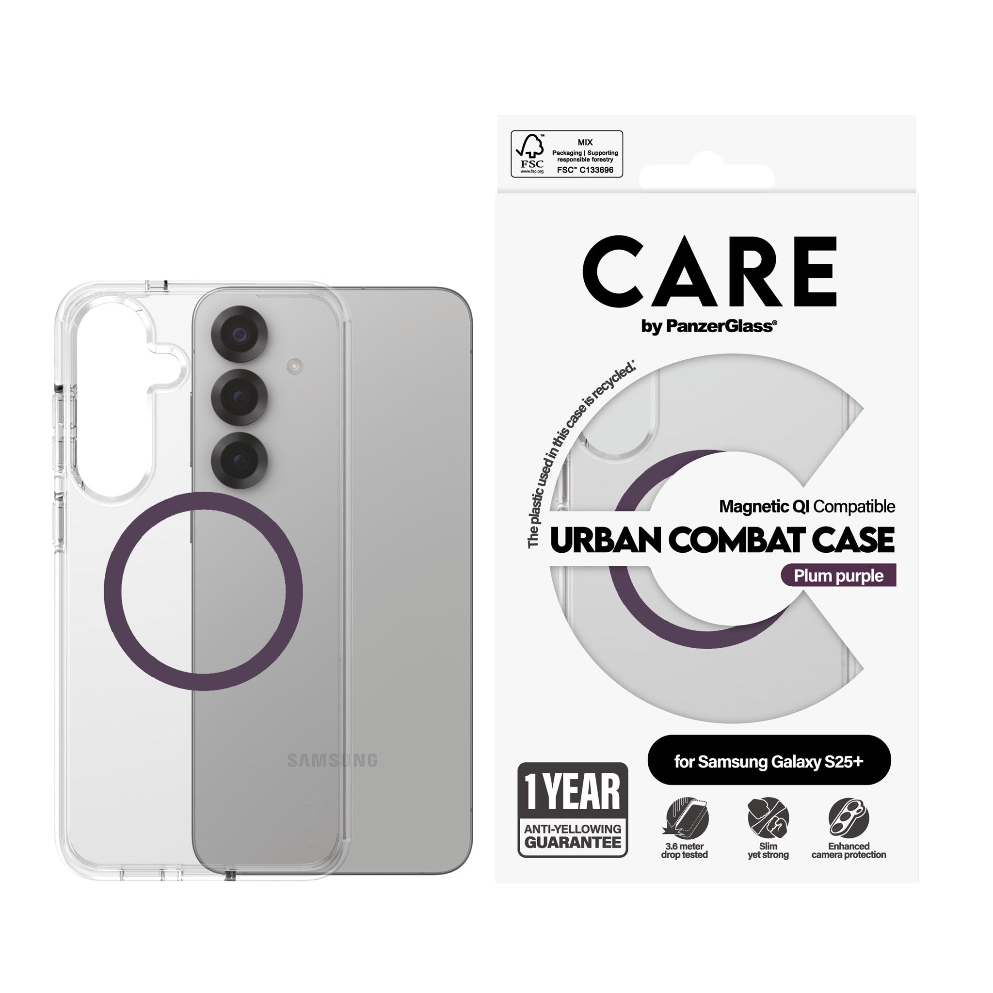 CARE by PanzerGlass® Urban Combat Case Transparent w. Plum Purple Qi Compatible Samsung Galaxy S25+
