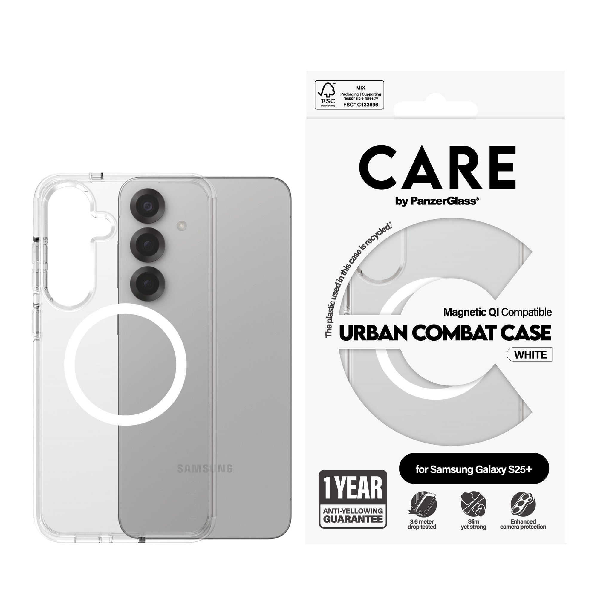 CARE by PanzerGlass® Urban Combat Case Transparent w. White Qi Compatible Samsung Galaxy S25+