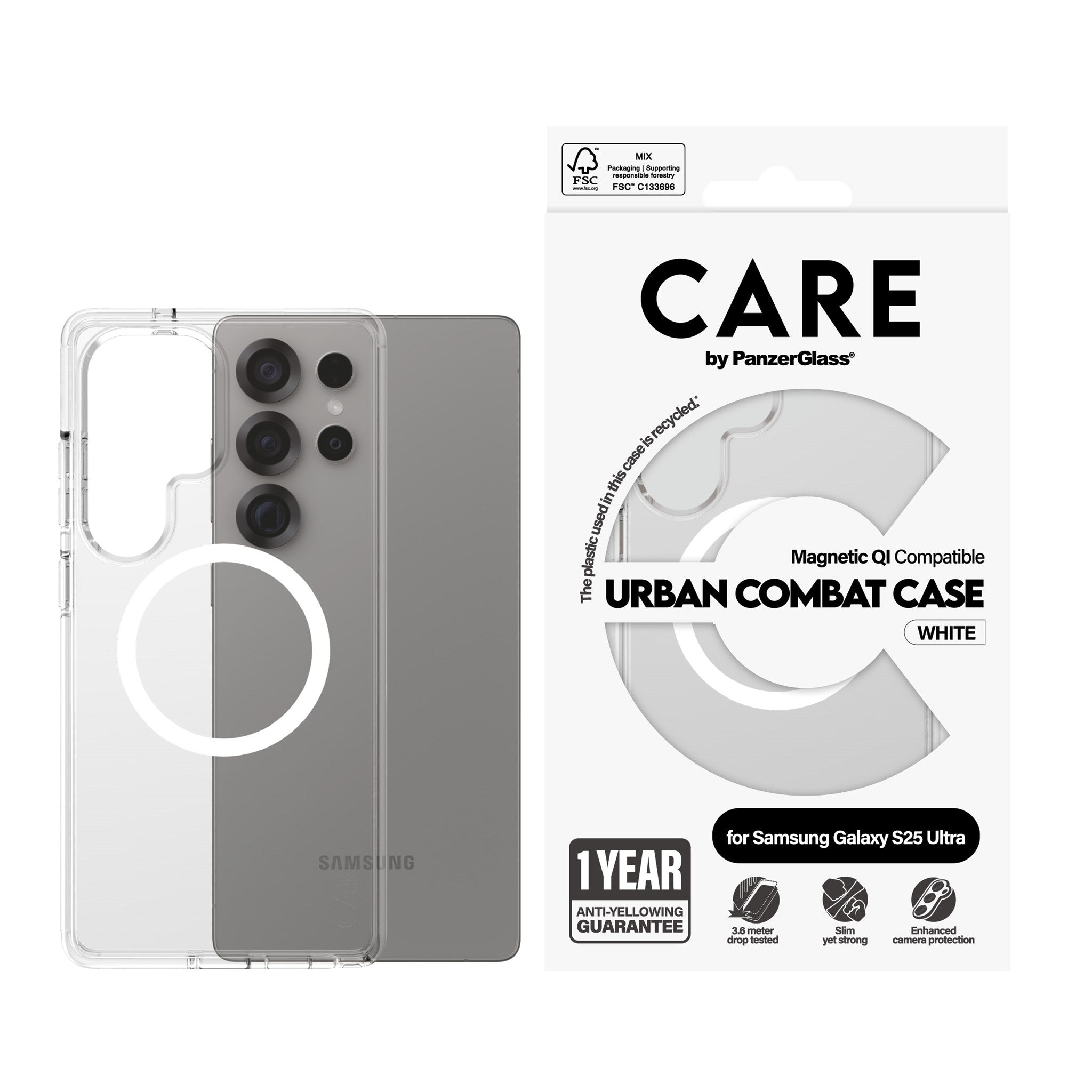 CARE by PanzerGlass® Urban Combat Case Transparent w. White Qi Compatible Samsung Galaxy S25 Ultra