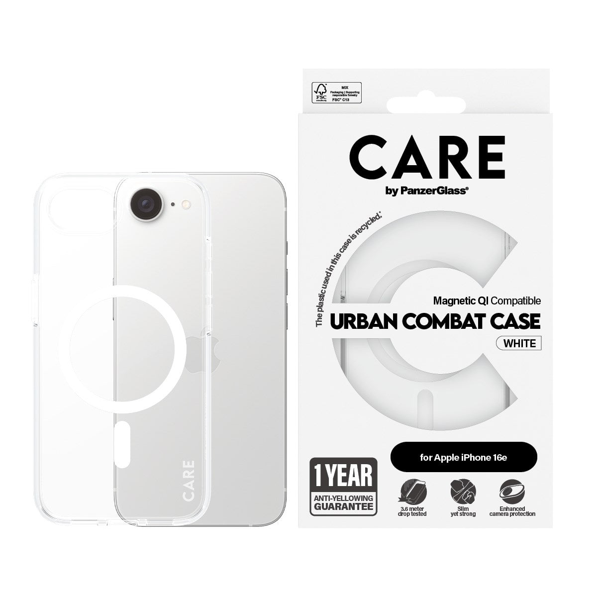 CARE by PanzerGlass® Urban Combat Case Transparent w. White Qi Compatible iPhone 16e