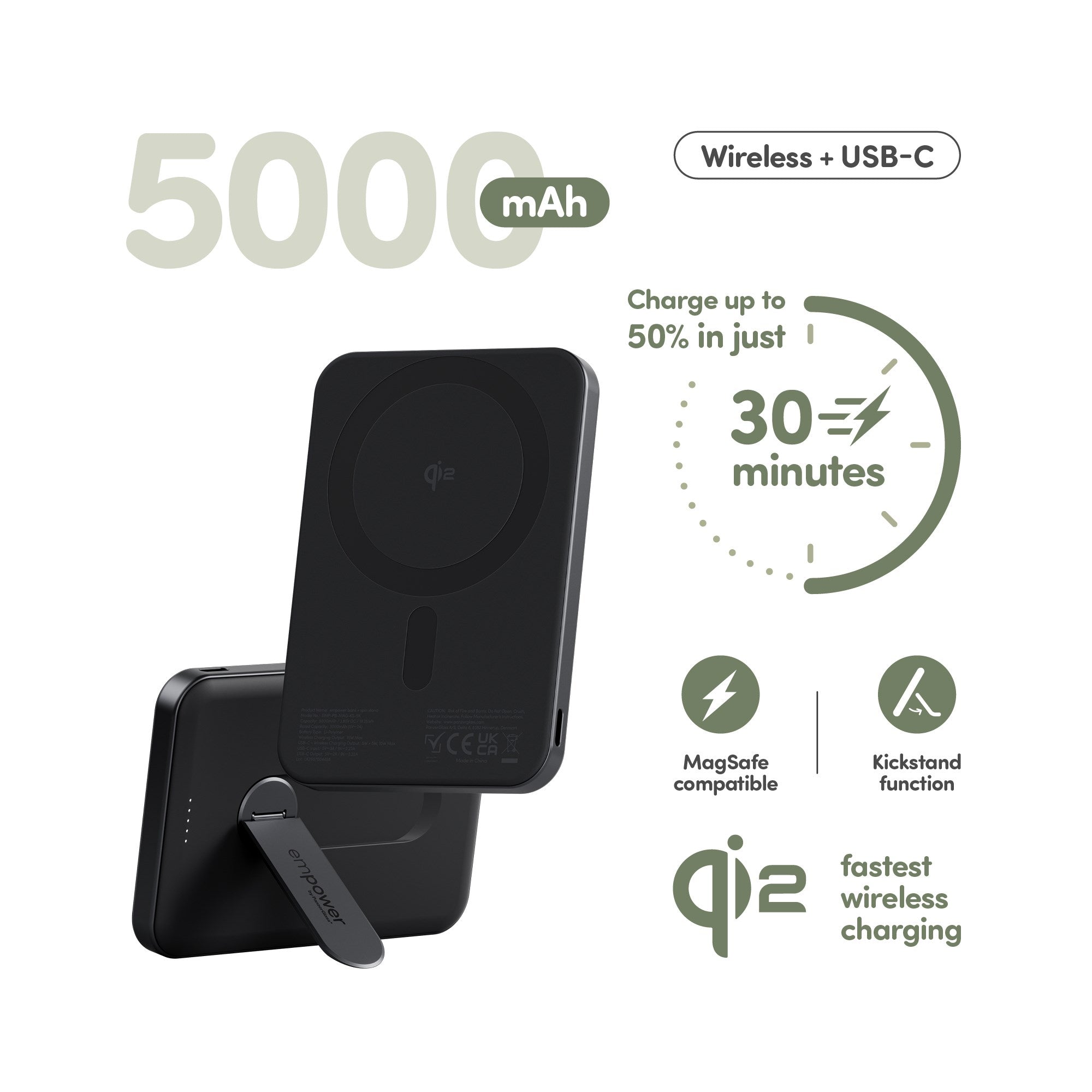 empower™ by PanzerGlass® empower™ Bank w. Spin Stand | 5000mAh | Space Black