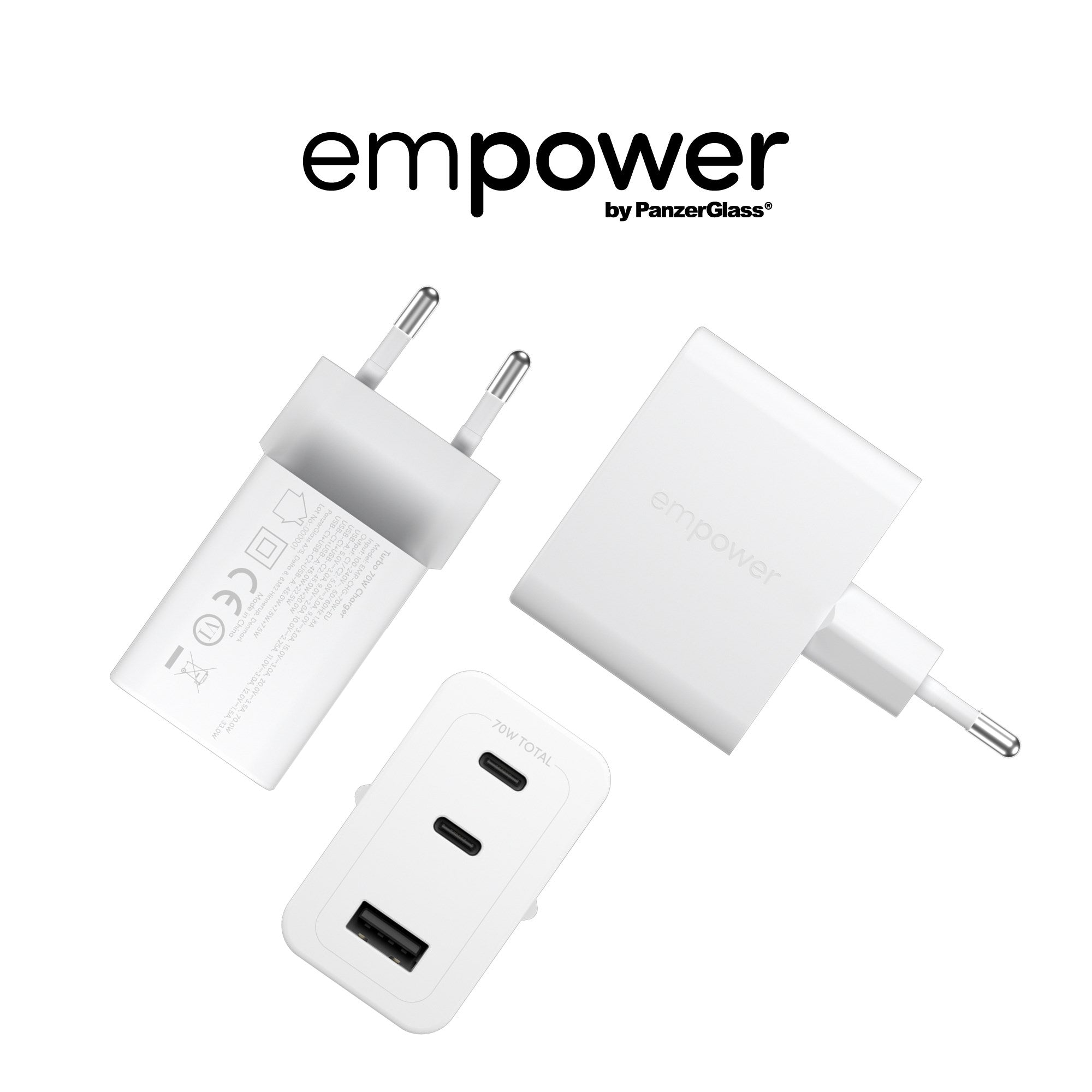 empower™ by PanzerGlass® Turbo 70W Multiple Charger incl. 2 x USB-C + USB-A | EU Plug | Silver White