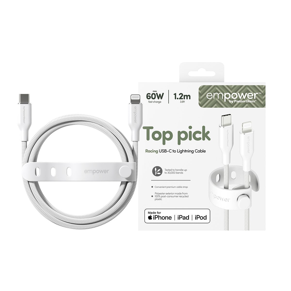 empower™ by PanzerGlass® Racing 60W USB-C to Lightning Cable | USB 2.0 | 1.2M | Silver White