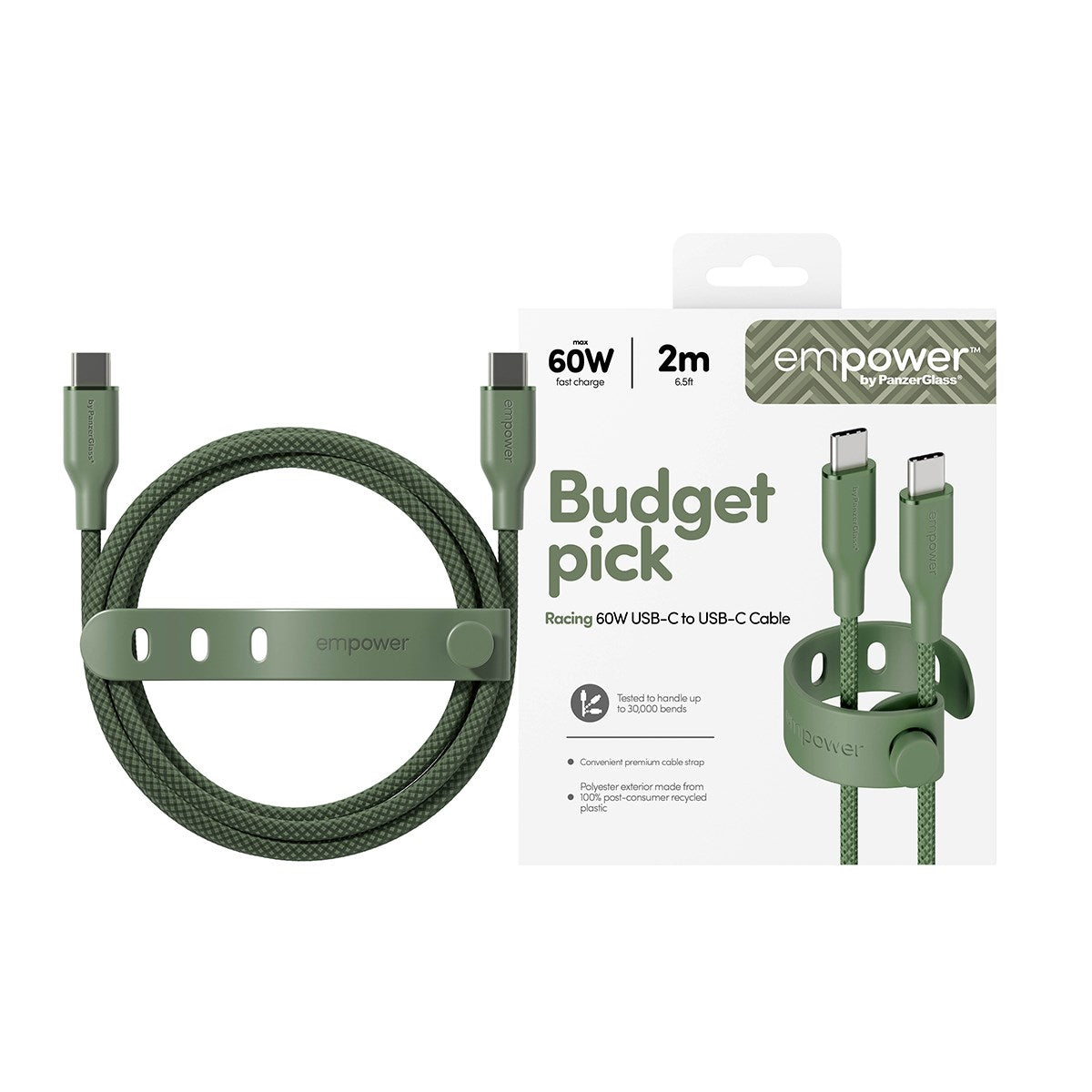 empower™ by PanzerGlass® Racing 60W USB-C to USB-C Cable | USB 2.0 | 2M | Sage