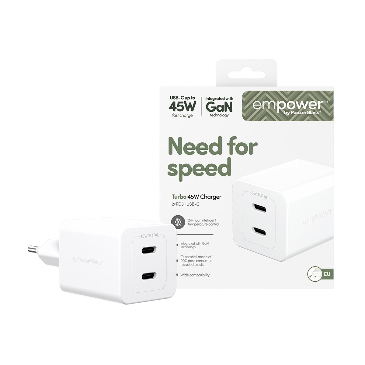 empower™ by PanzerGlass® Turbo 45W Charger incl. 2 x USB-C | EU Plug | Silver White