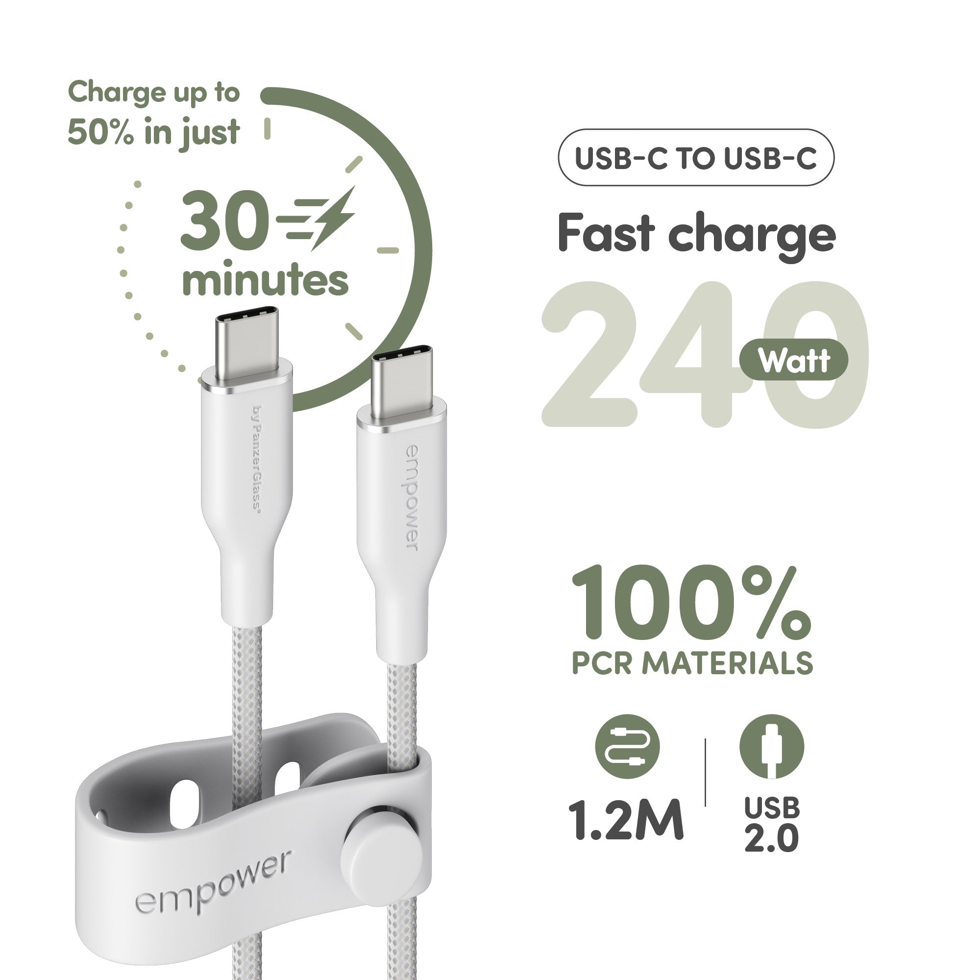 empower™ by PanzerGlass® Racing 240W USB-C to USB-C Cable | USB 2.0 | 1.2M | Silver White