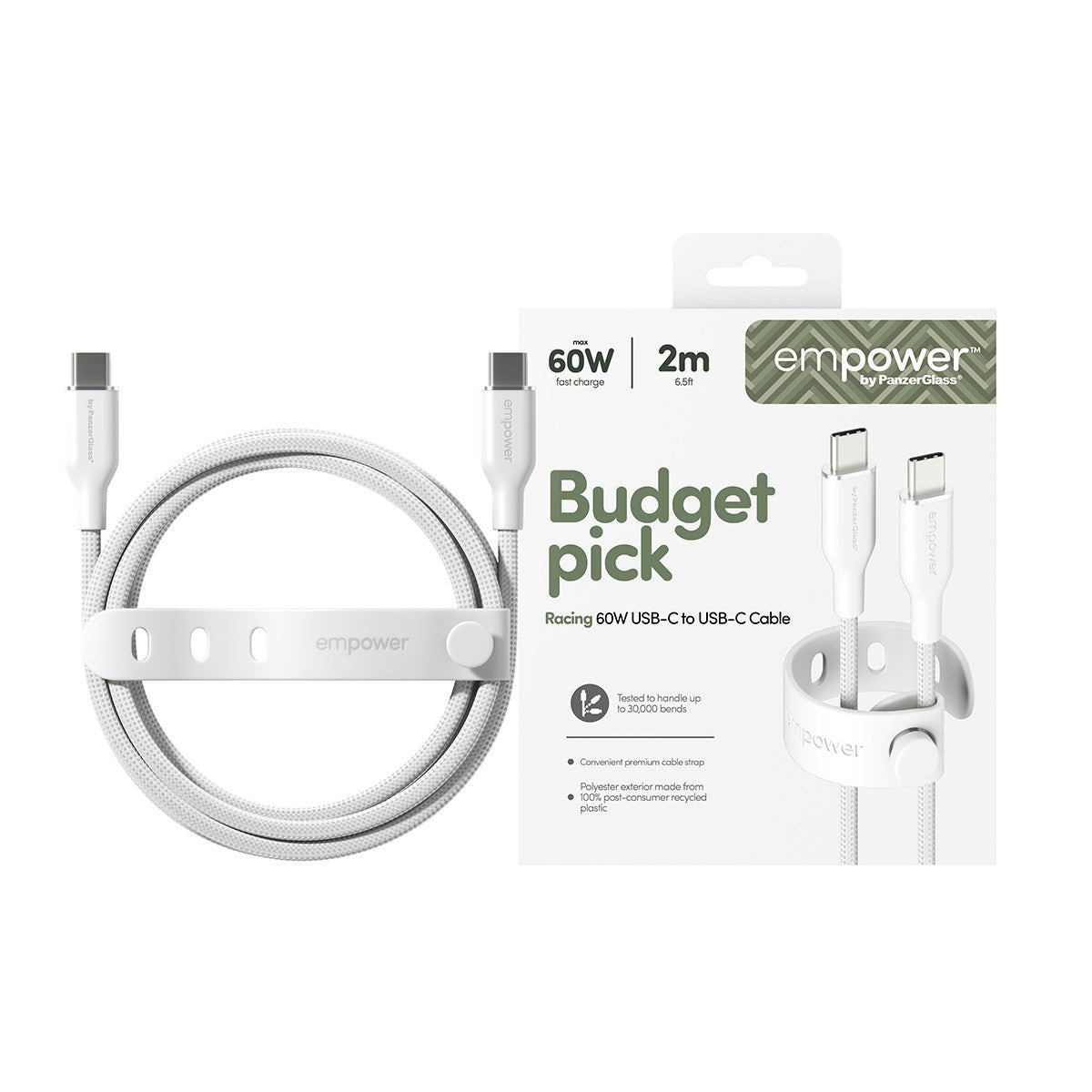 empower™ by PanzerGlass® Racing 60W USB-C to USB-C Cable | USB 2.0 | 2M | Silver White