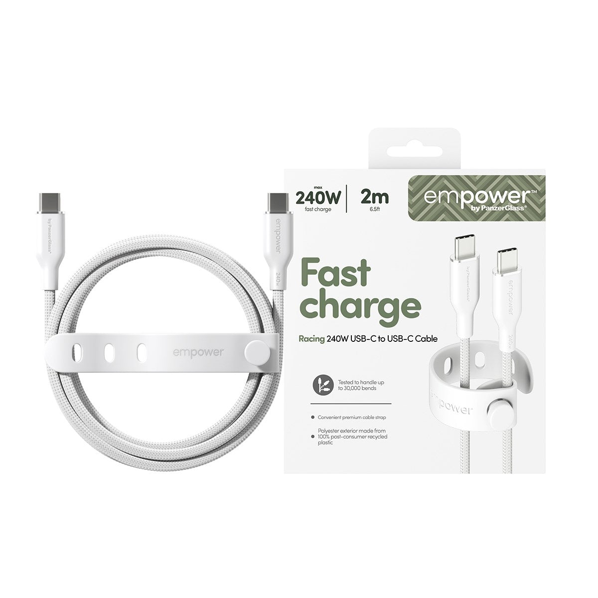 empower™ by PanzerGlass® Racing 240W USB-C to USB-C Cable | USB 2.0 | 2M | Silver White