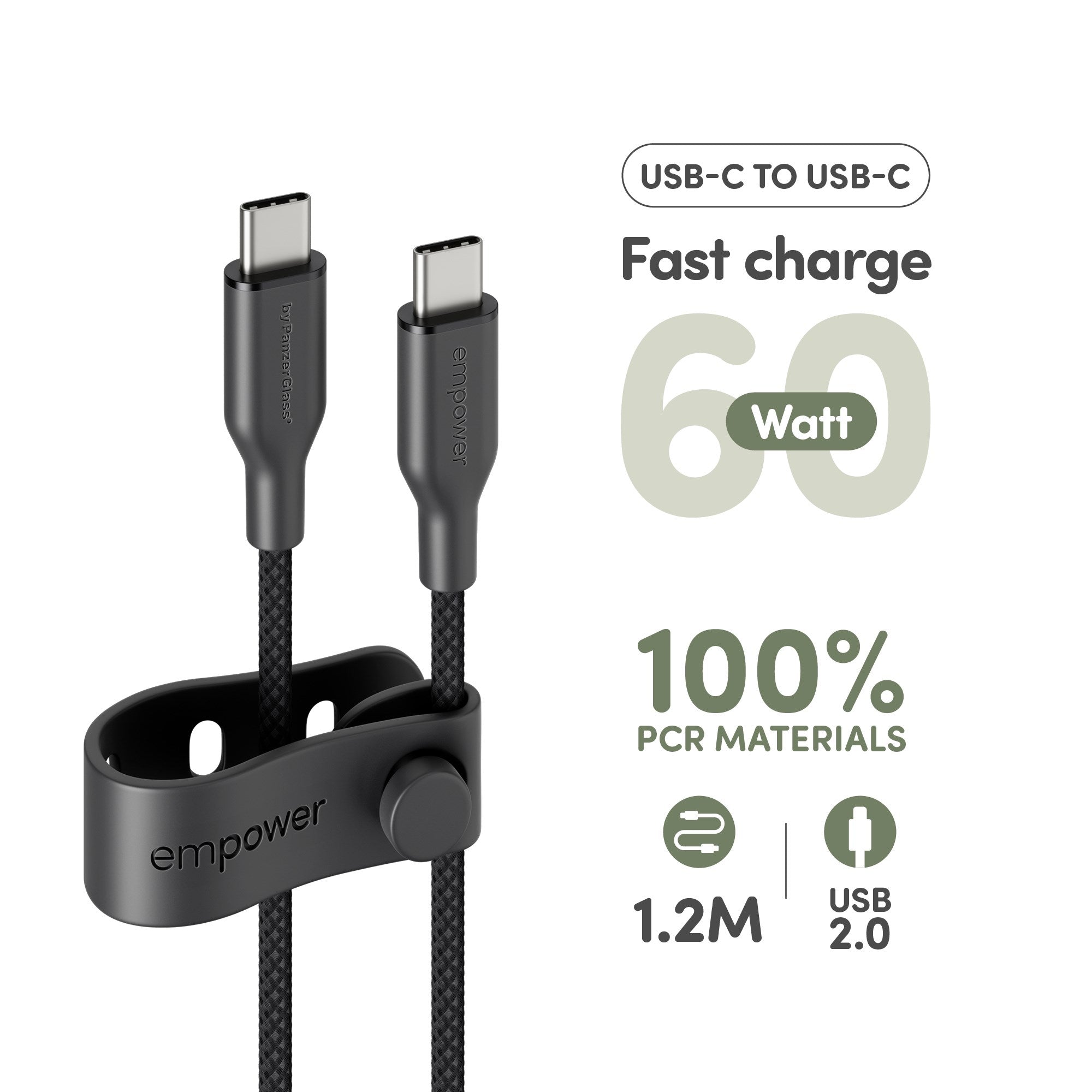 empower™ by PanzerGlass® Racing 60W USB-C to USB-C Cable | USB 2.0 | 1.2M | Space Black