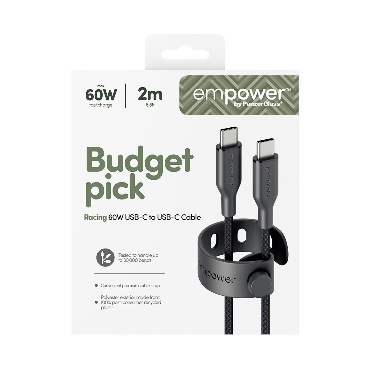 empower™ by PanzerGlass® Racing 60W USB-C to USB-C Cable | USB 2.0 | 2M | Space Black