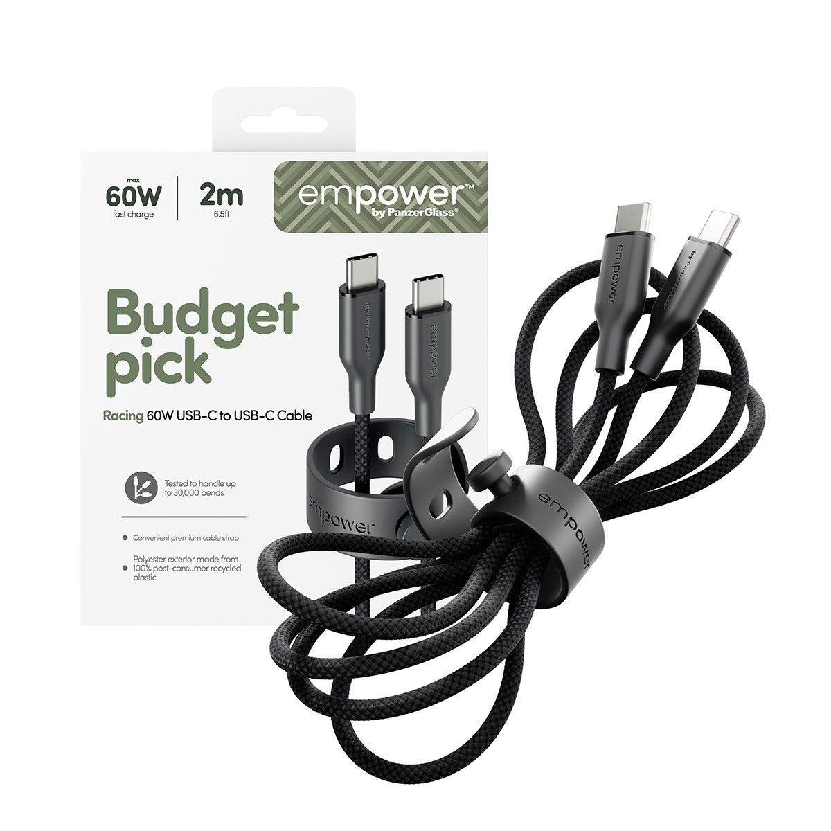 empower™ by PanzerGlass® Racing 60W USB-C to USB-C Cable | USB 2.0 | 2M | Space Black