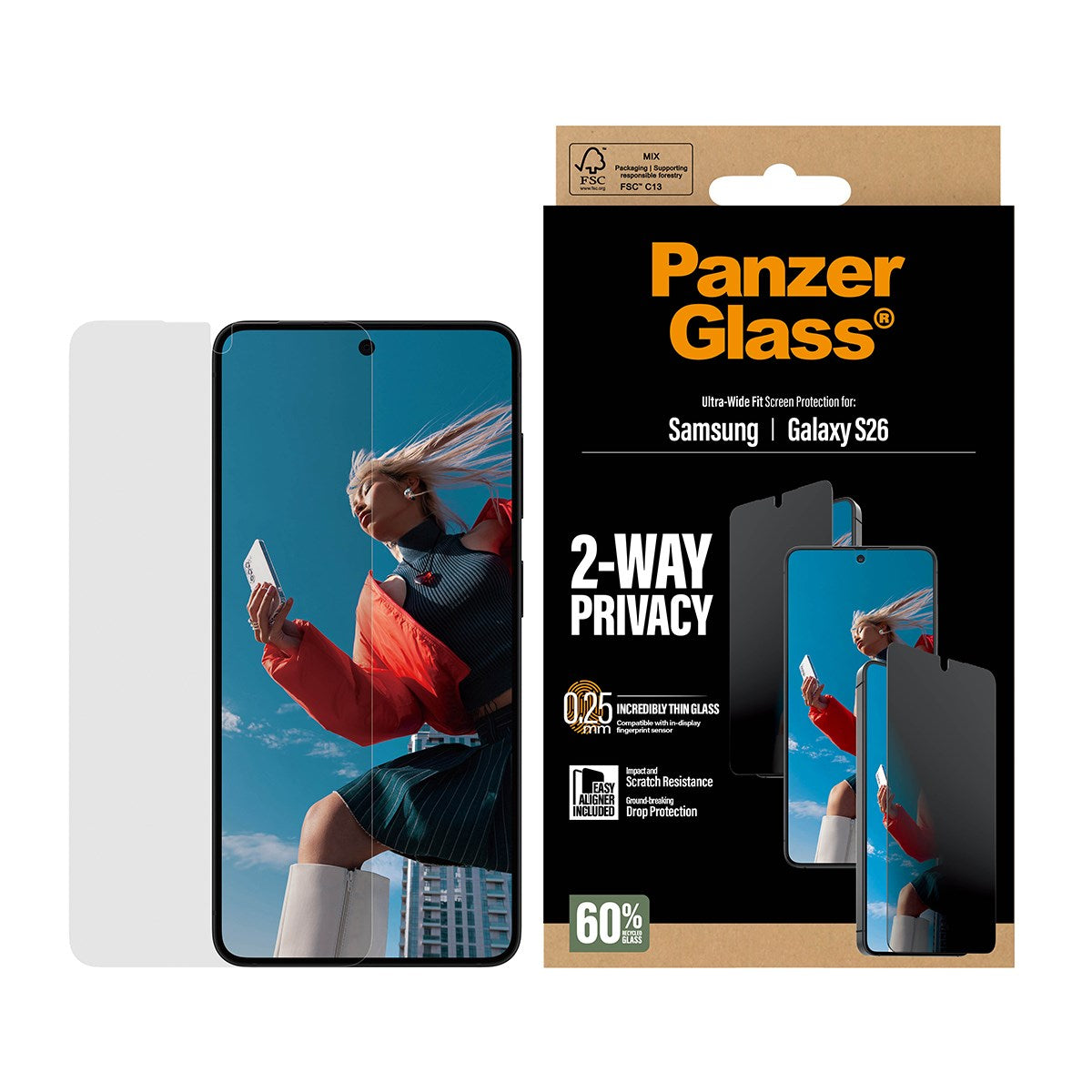 PanzerGlass® 2-Way Privacy Screen Protector Samsung Galaxy S26 | Ultra-Wide Fit w. EasyAligner