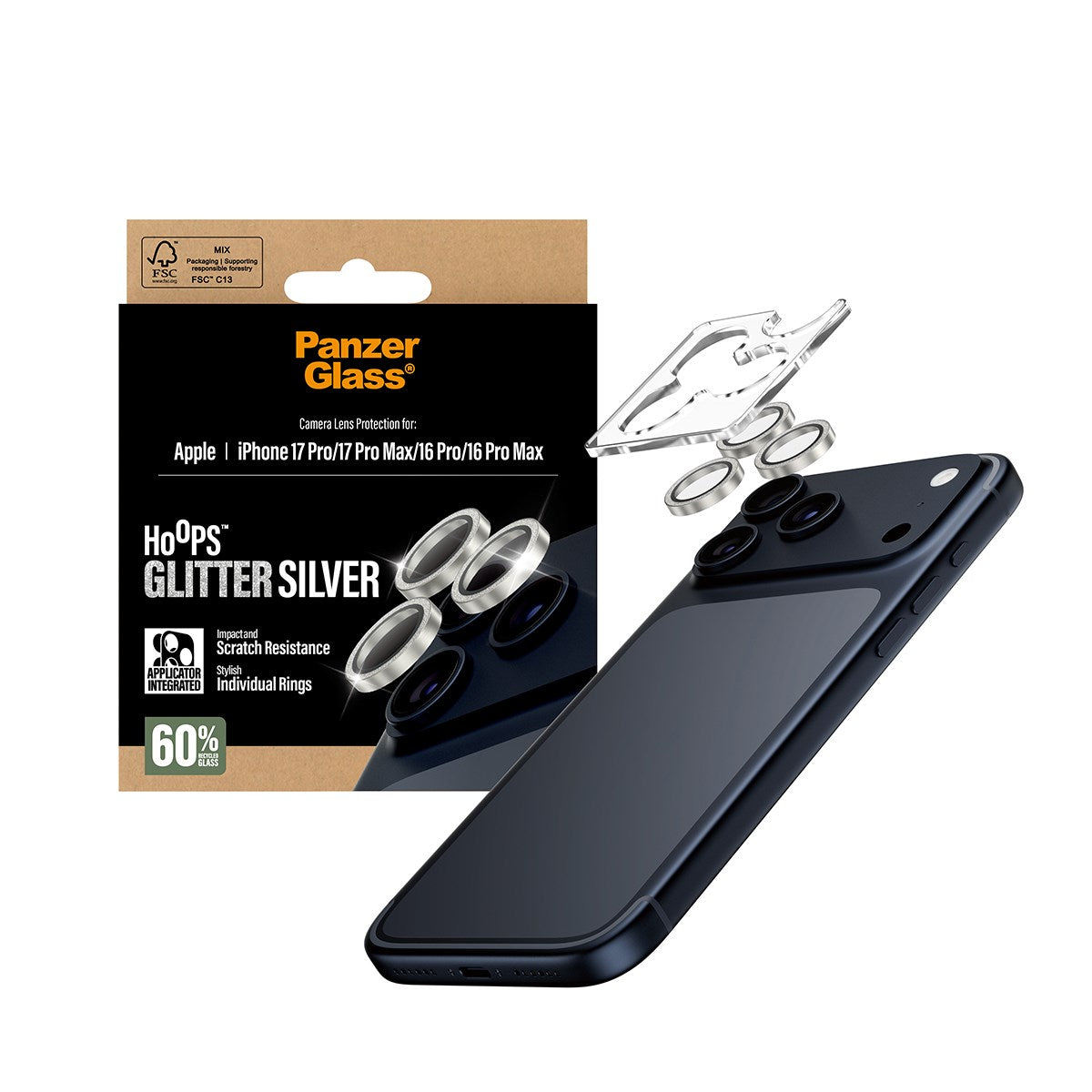 PanzerGlass® Hoops® Camera Lens Protector Glitter Silver iPhone 17 Pro | iPhone 17 Pro Max | iPhone 16 Pro | 16 Pro Max