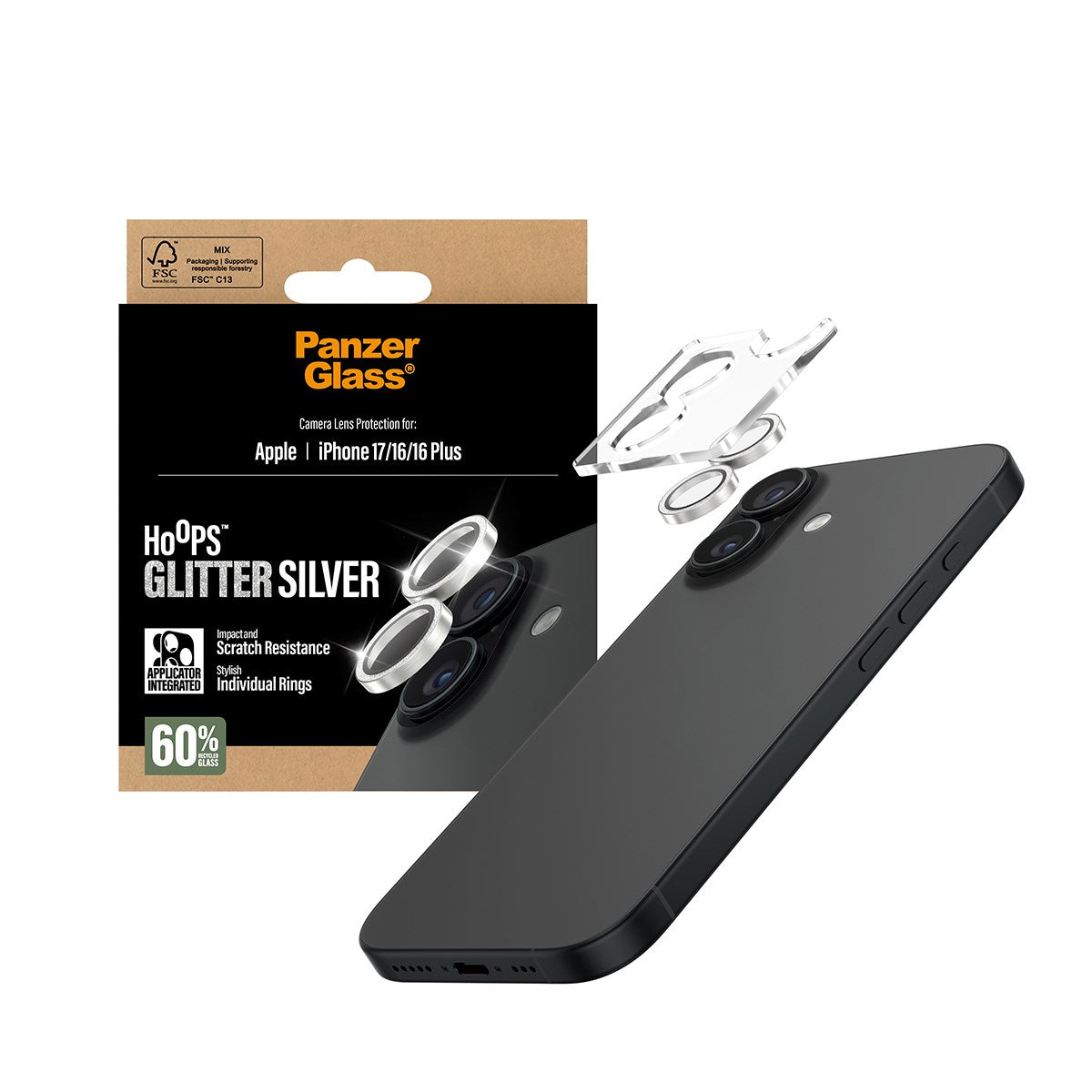 PanzerGlass® Hoops® Camera Lens Protector Glitter Silver iPhone 17 | iPhone 16 | 16 Plus
