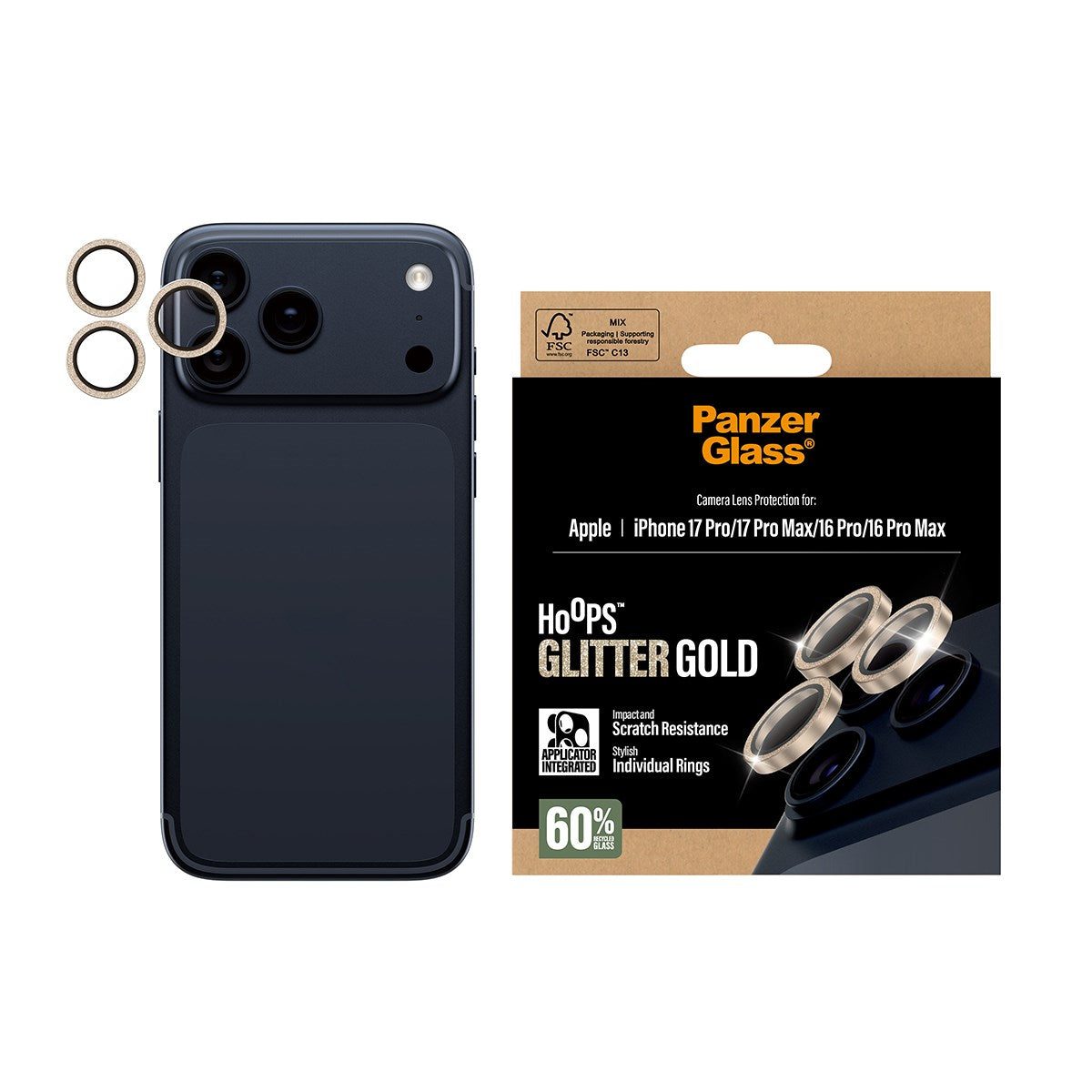 PanzerGlass® Hoops® Camera Lens Protector Glitter Gold iPhone 17 Pro | iPhone 17 Pro Max | iPhone 16 Pro | 16 Pro Max