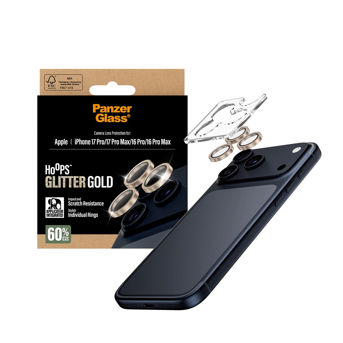 PanzerGlass® Hoops® Camera Lens Protector Glitter Gold iPhone 17 Pro | iPhone 17 Pro Max | iPhone 16 Pro | 16 Pro Max