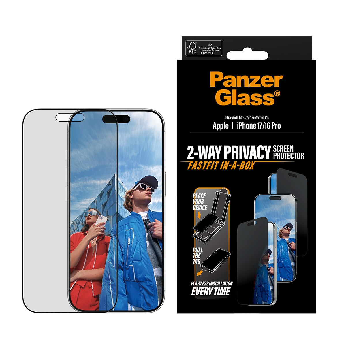 PanzerGlass® Privacy Screen Protector iPhone 17 | iPhone 16 Pro | Ultra-Wide Fit w. FASTFIT IN-A-BOX