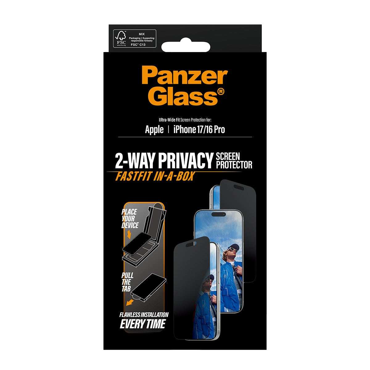 PanzerGlass® Privacy Screen Protector iPhone 17 | iPhone 16 Pro | Ultra-Wide Fit w. FASTFIT IN-A-BOX
