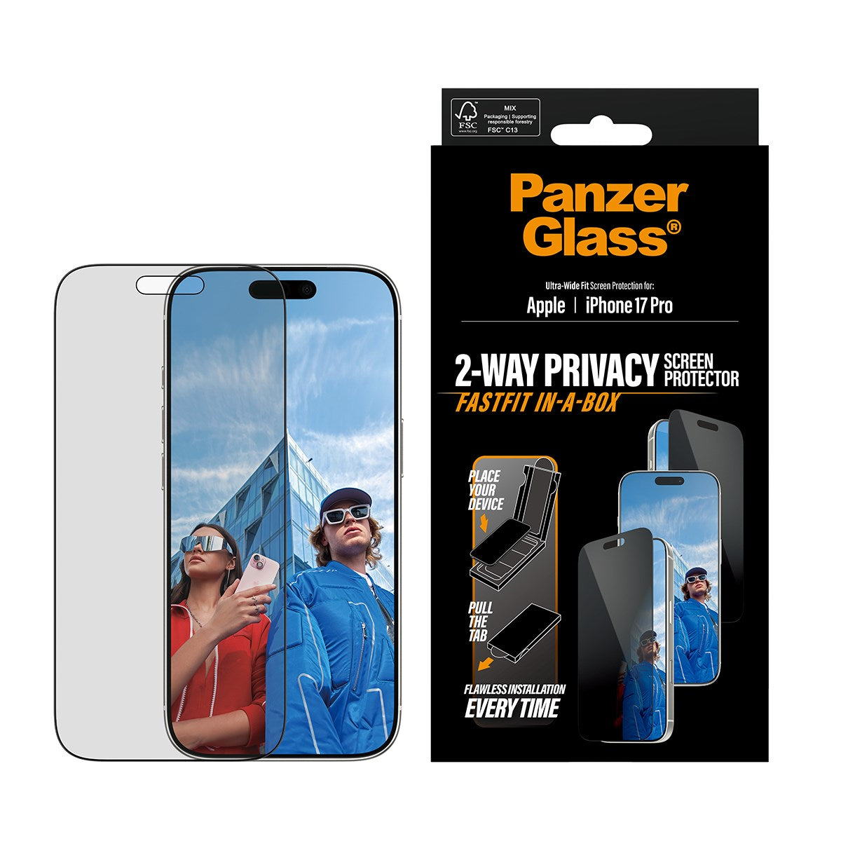 PanzerGlass® Privacy Screen Protector iPhone 17 Pro | Ultra-Wide Fit w. FASTFIT IN-A-BOX