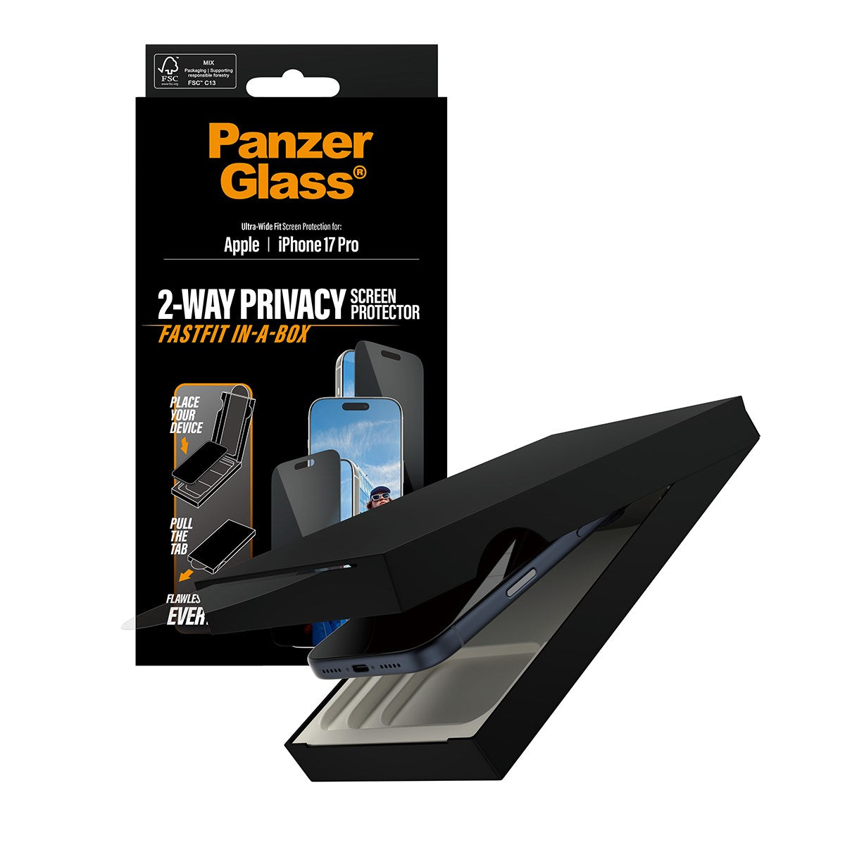 PanzerGlass® Privacy Screen Protector iPhone 17 Pro | Ultra-Wide Fit w. FASTFIT IN-A-BOX