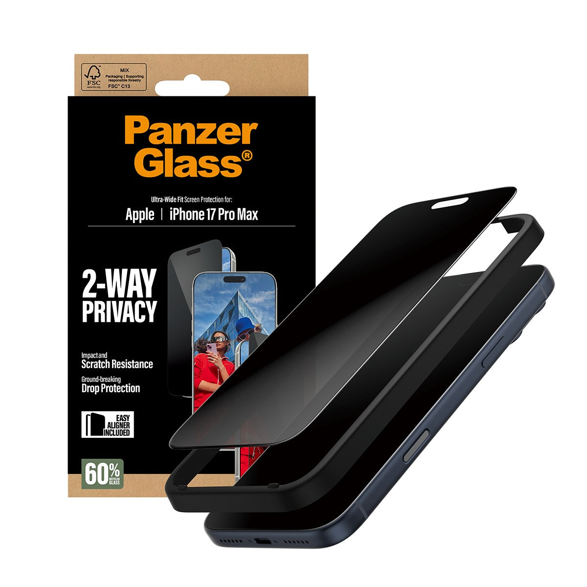 PanzerGlass® 2-Way Privacy Screen Protector iPhone 17 Pro Max | Ultra-Wide Fit w. EasyAligner