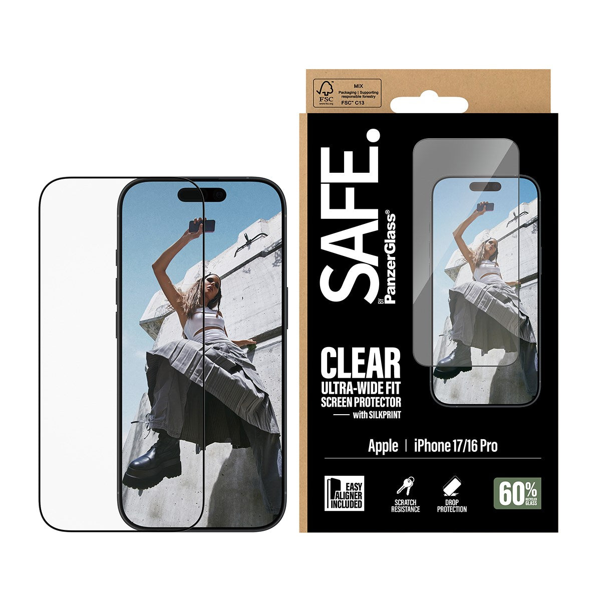 SAFE. by PanzerGlass® Screen Protector w. Black Frame iPhone 17 | 16 Pro | Ultra-Wide Fit w. EasyAligner