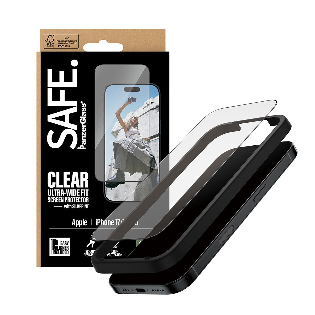 SAFE. by PanzerGlass® Screen Protector w. Black Frame iPhone 17 | 16 Pro | Ultra-Wide Fit w. EasyAligner