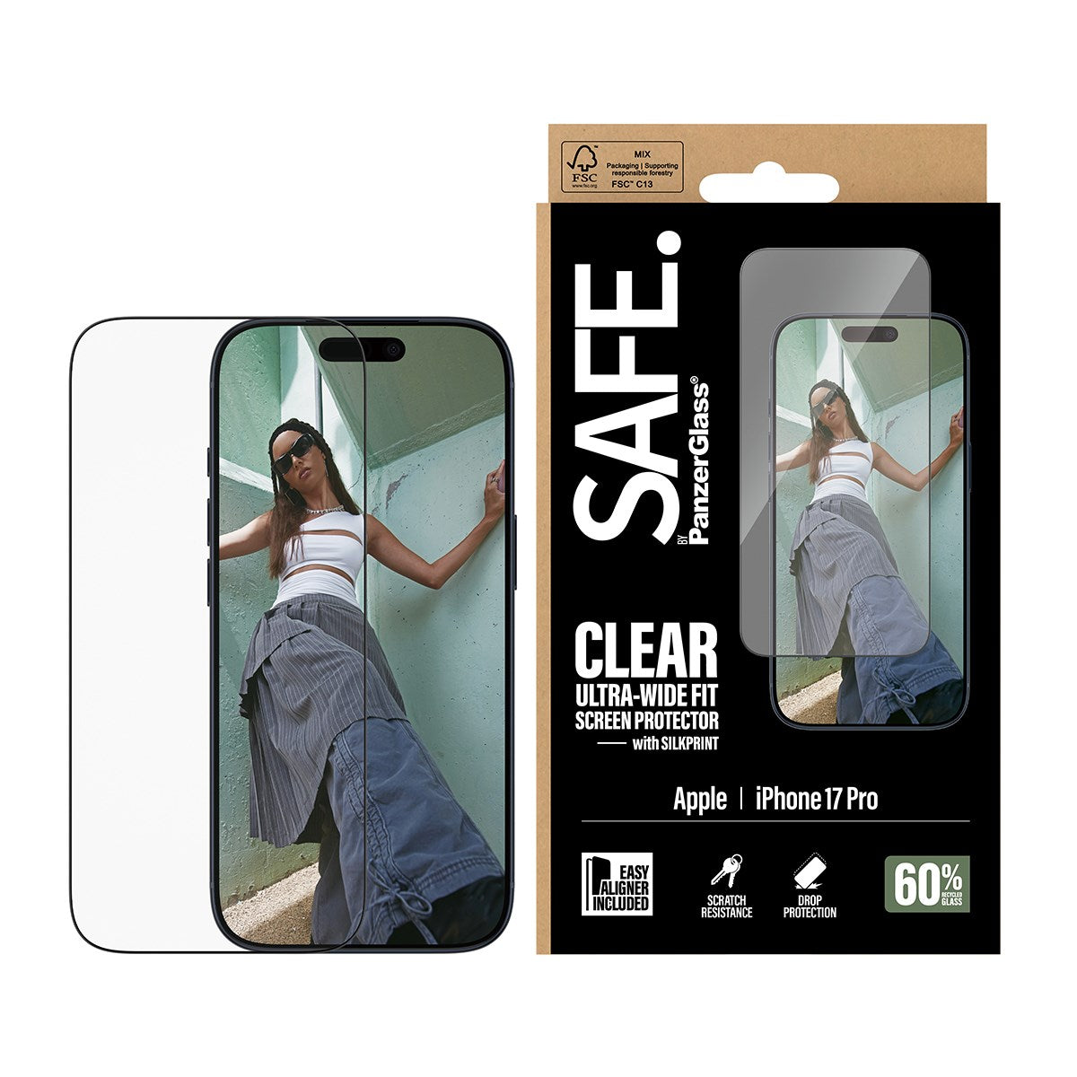 SAFE. by PanzerGlass® Screen Protector w. Black Frame iPhone 17 Pro | Ultra-Wide Fit w. EasyAligner