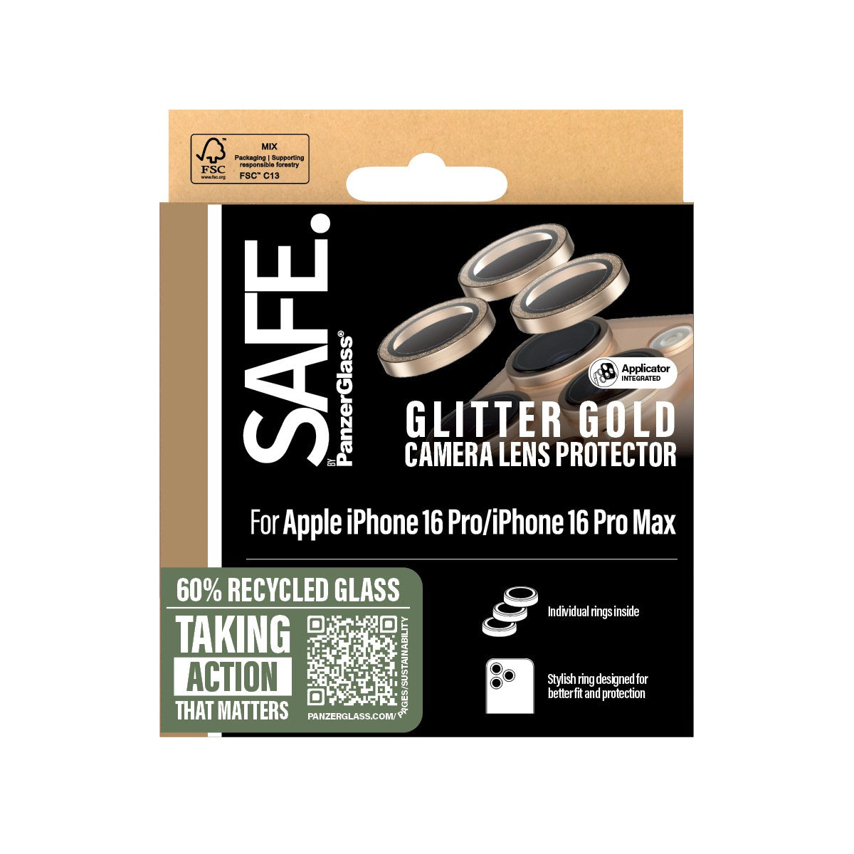 SAFE. by PanzerGlass® Camera Lens Protector Glitter Gold iPhone 16 Pro | 16 Pro Max