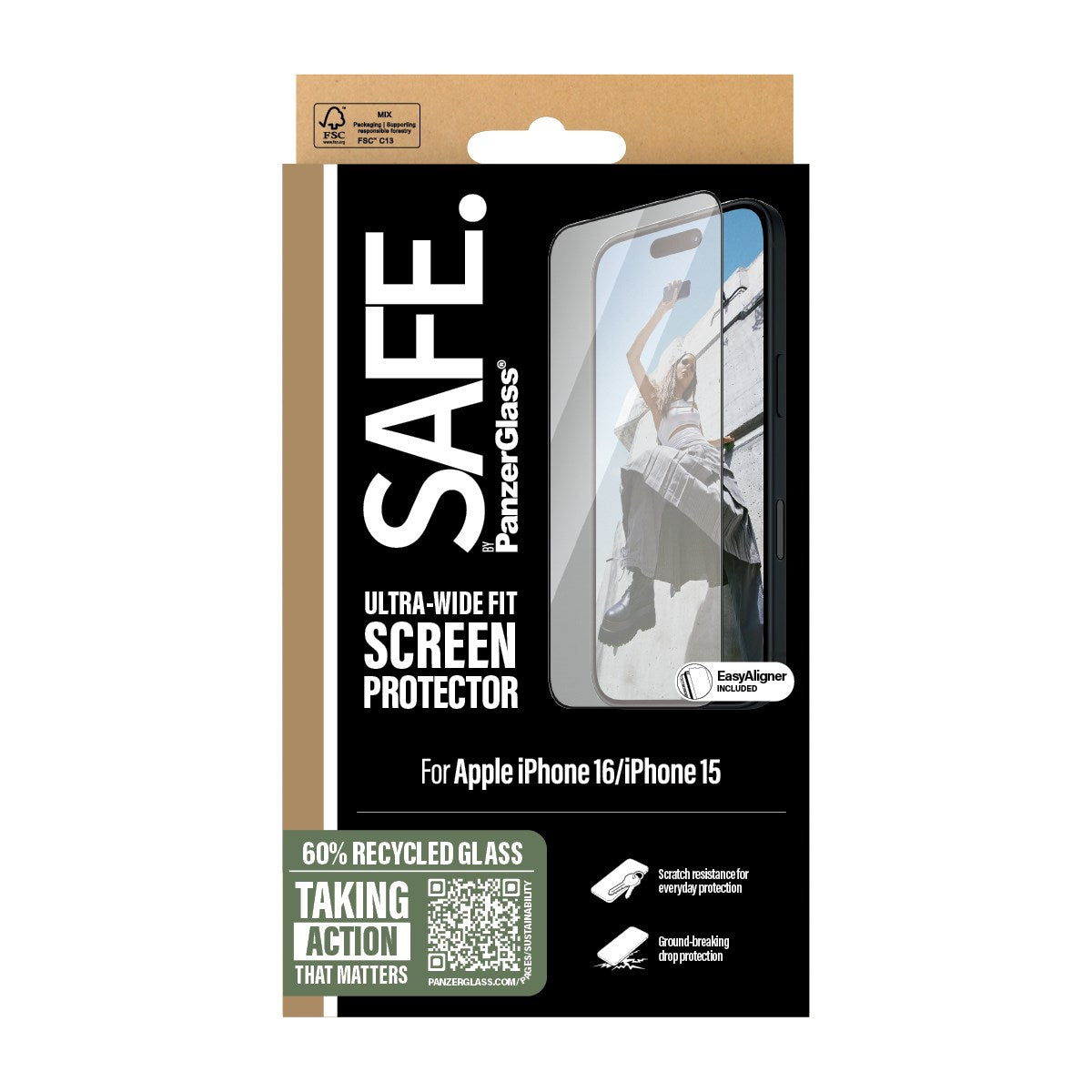 SAFE. by PanzerGlass® Screen Protection w. Black Frame iPhone 16 | 15 | Ultra-Wide Fit